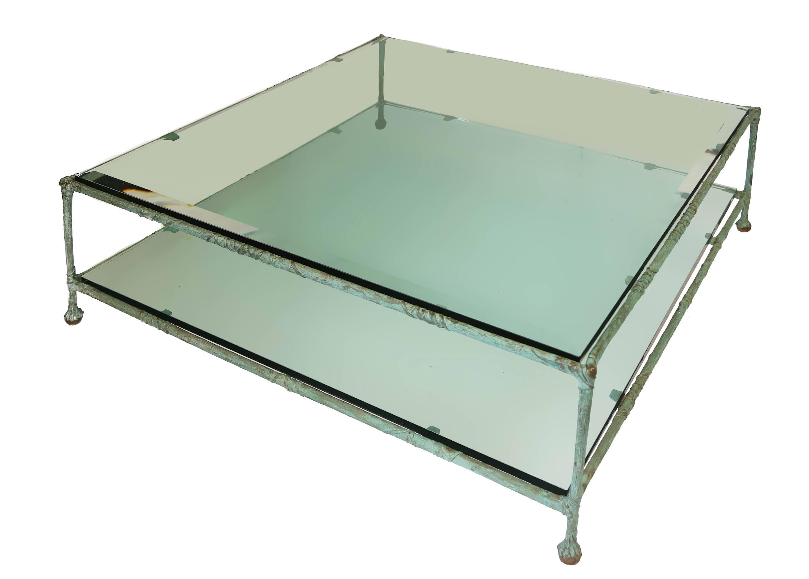 Mid-Century Modern Carved Bronze and Glass Coffee Table in the Style of Alberto Giacometti