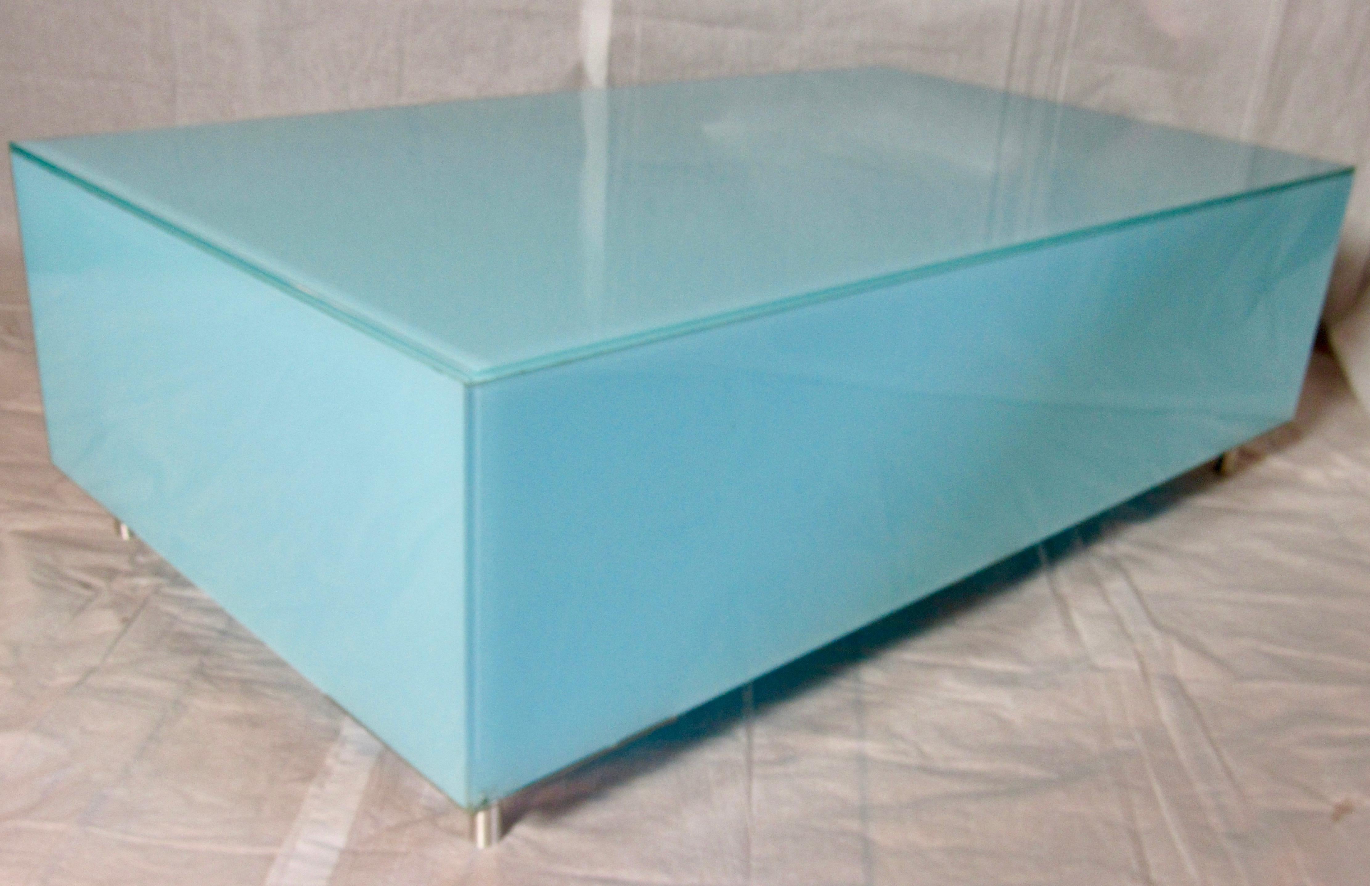 Glass Coffee Table Minimal Reverse Painted Robin's Egg Blue, Italy circa 1970 5