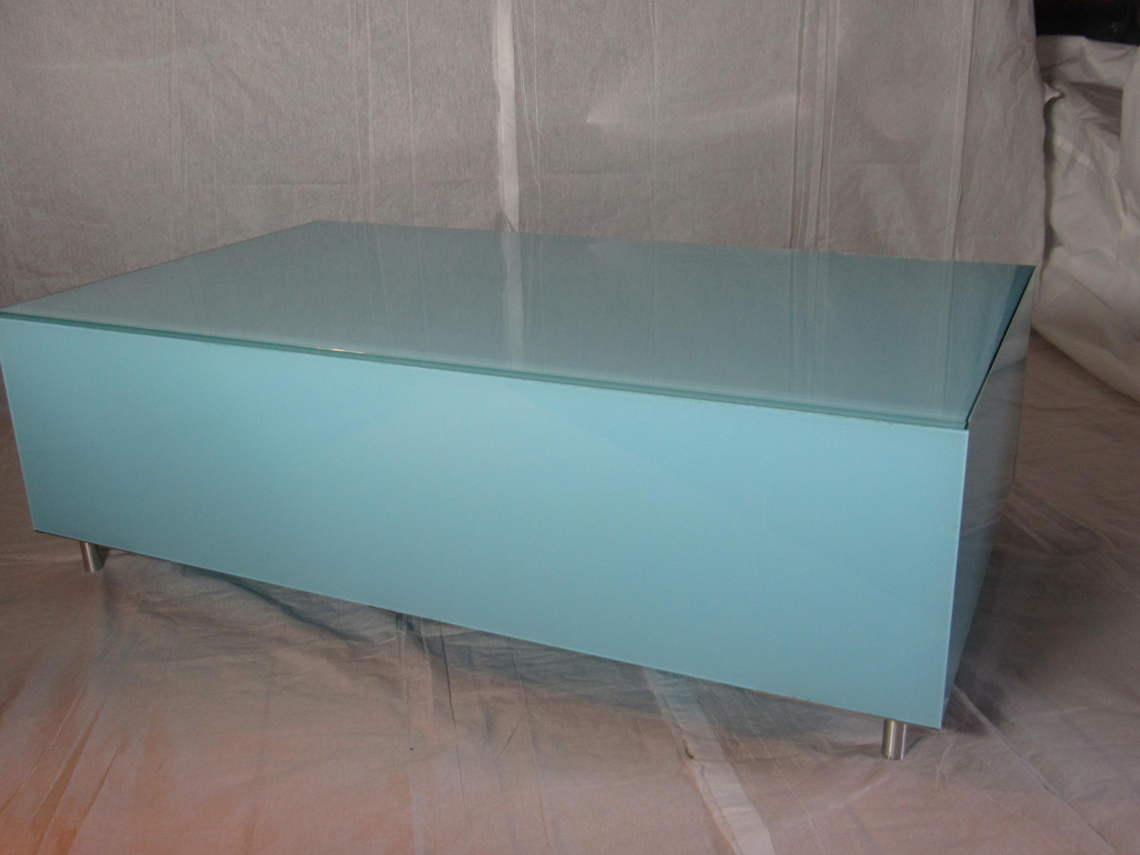 Glass Coffee Table Minimal Reverse Painted Robin's Egg Blue, Italy circa 1970 5