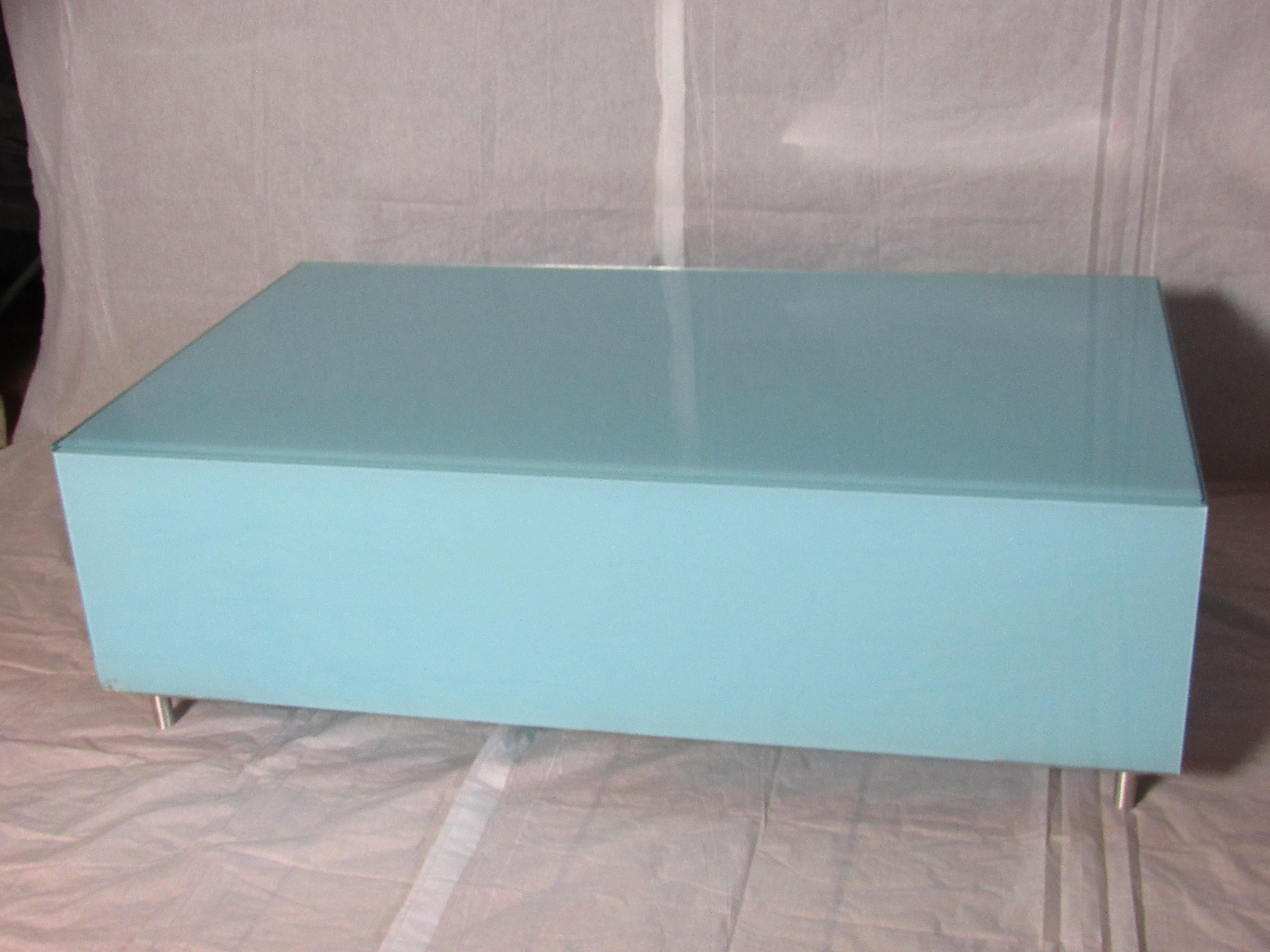 Glass Coffee Table Minimal Reverse Painted Robin's Egg Blue, Italy circa 1970 6