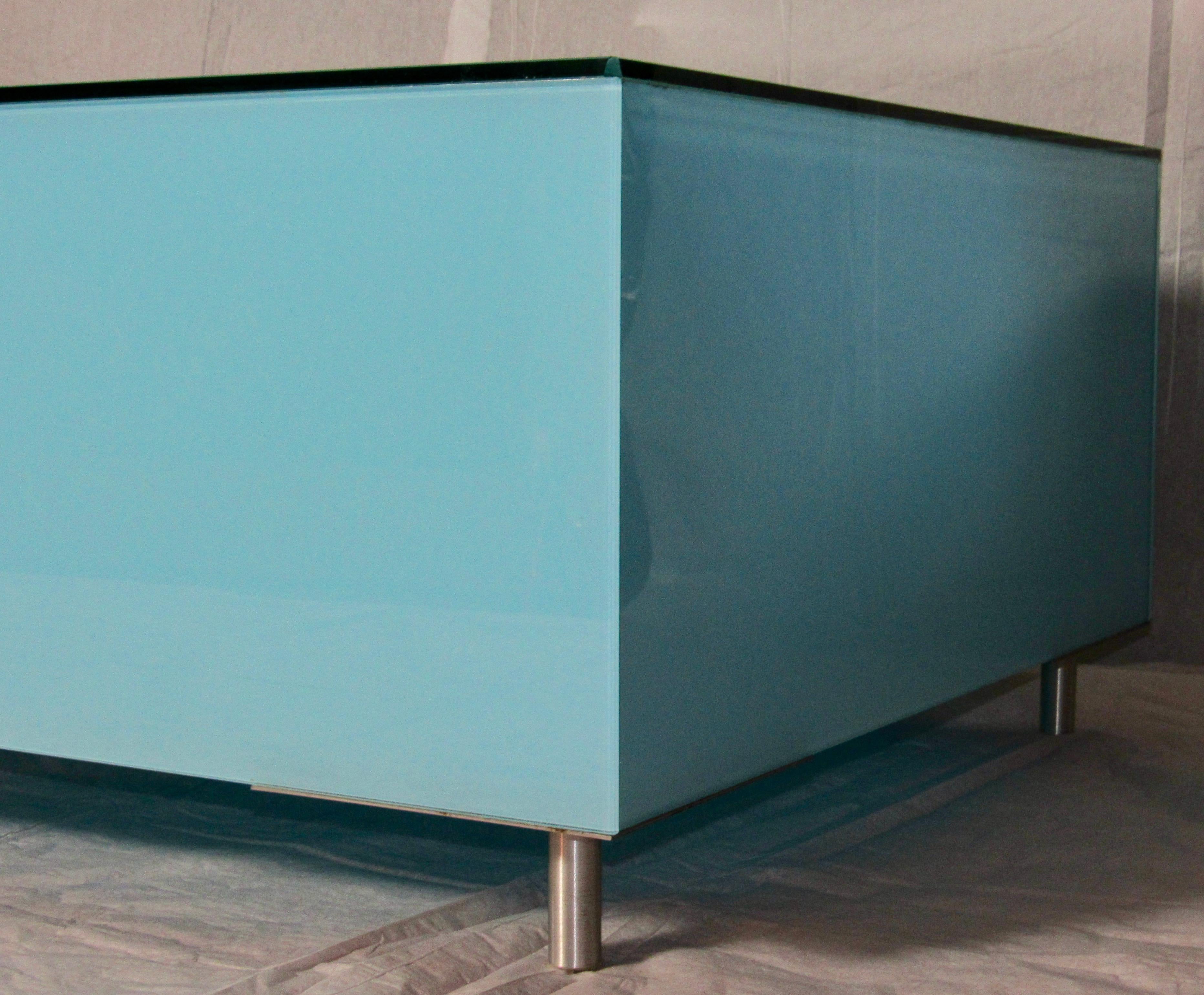 Glass Coffee Table Minimal Reverse Painted Robin's Egg Blue, Italy circa 1970 10