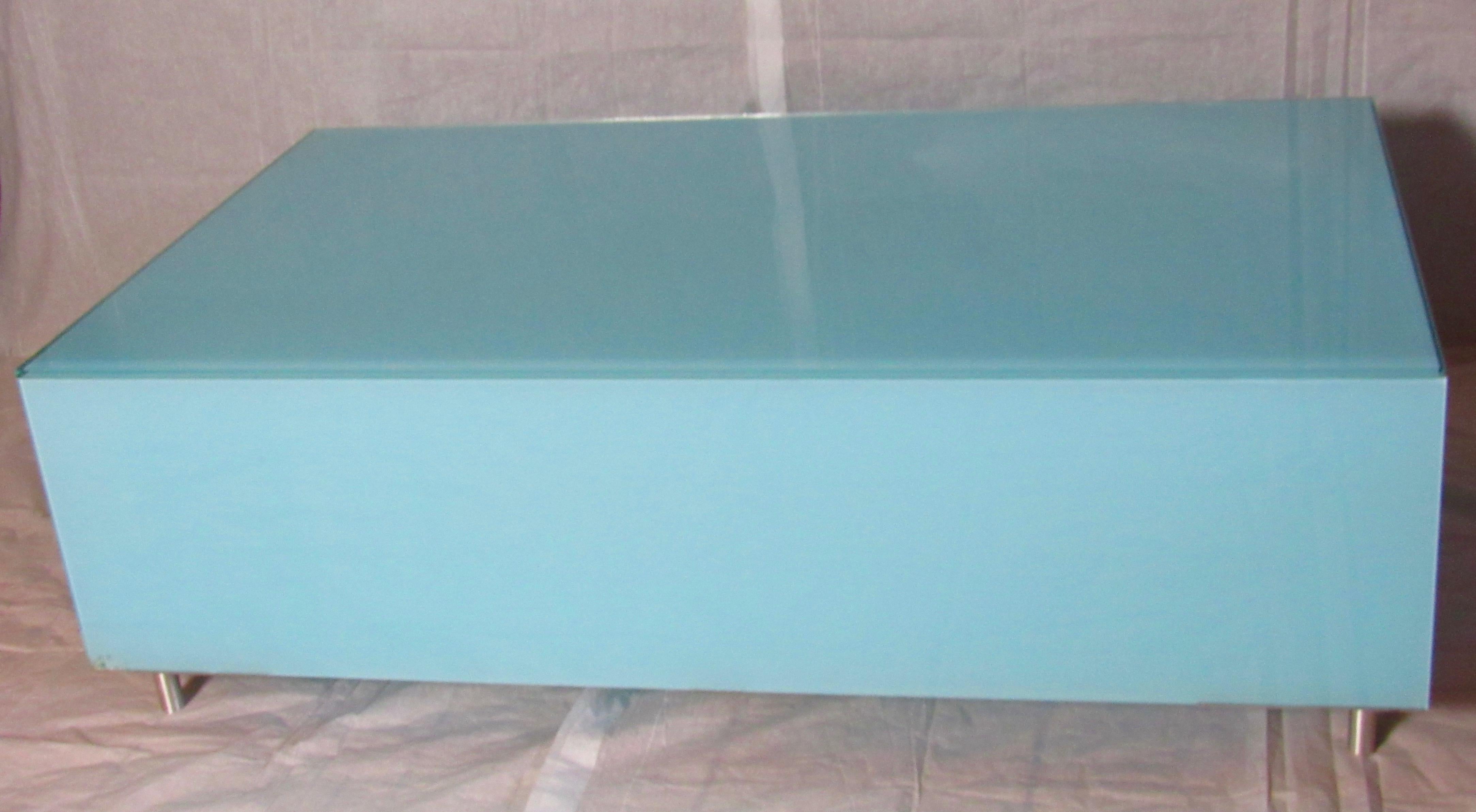 Mid-Century Modern Glass Coffee Table Minimal Reverse Painted Robin's Egg Blue, Italy circa 1970