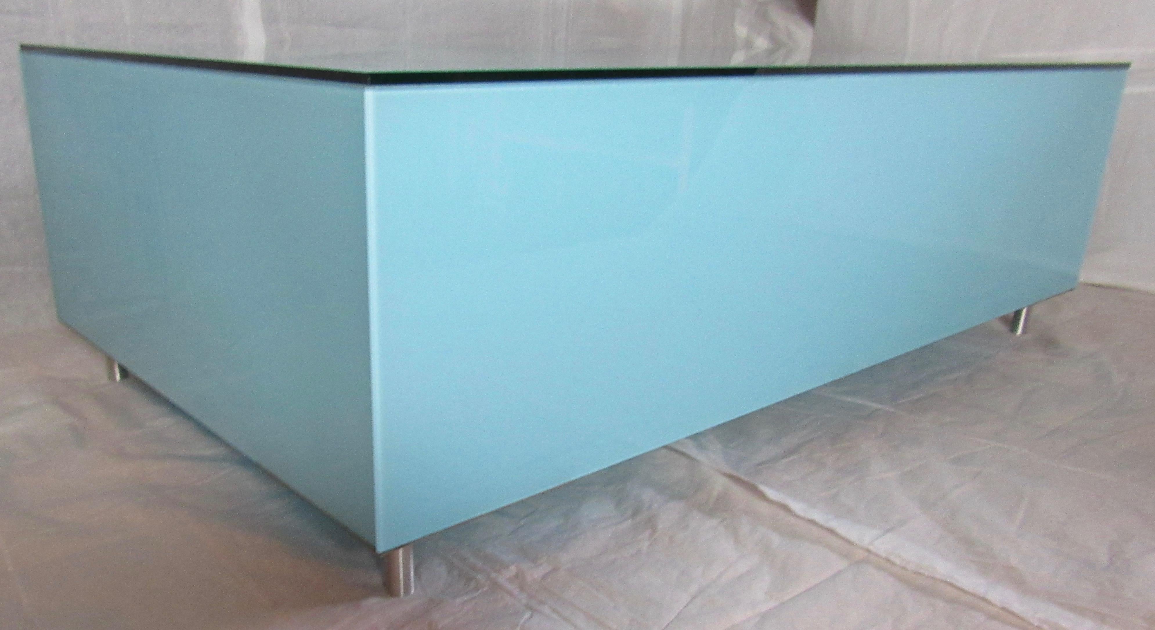 Glass Coffee Table Minimal Reverse Painted Robin's Egg Blue, Italy circa 1970 In Good Condition In Camden, ME