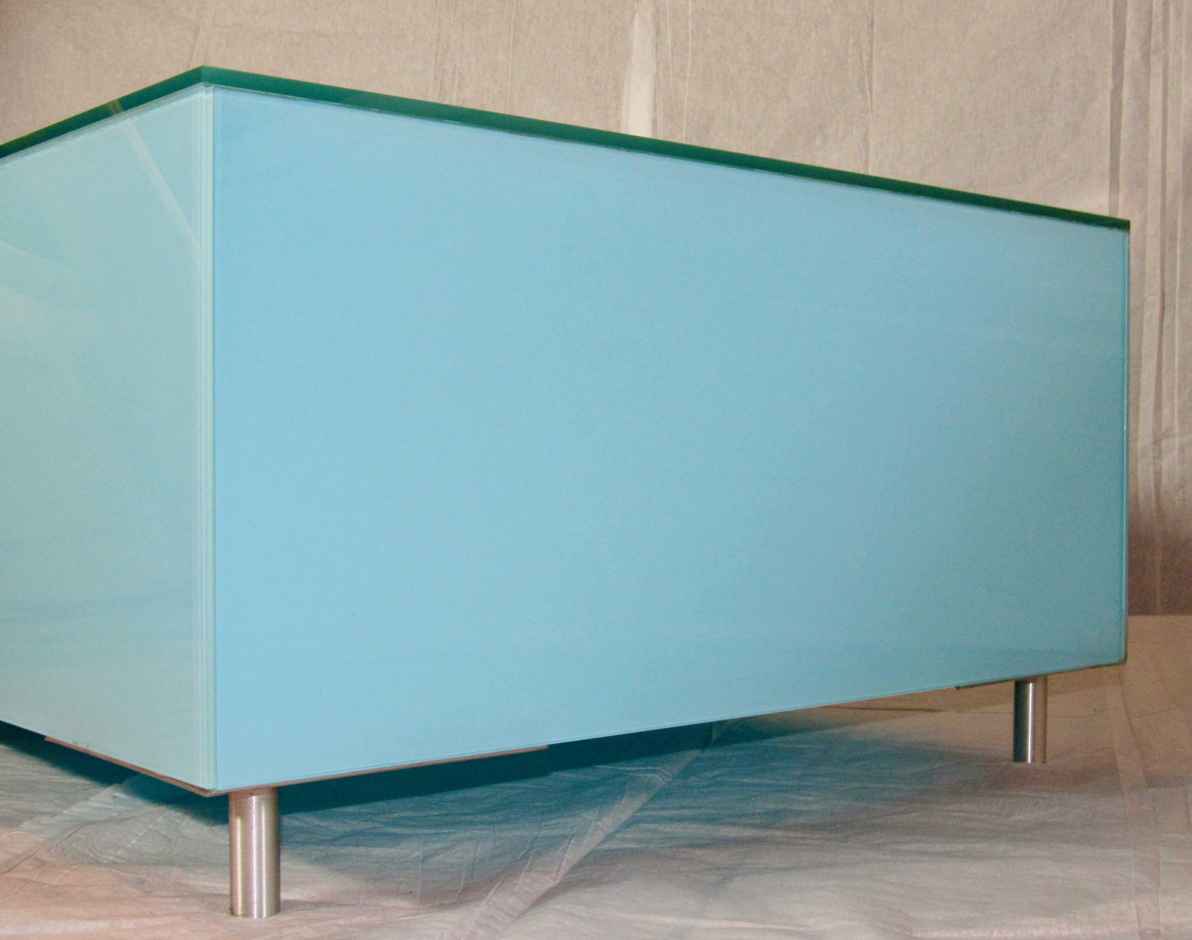 Glass Coffee Table Minimal Reverse Painted Robin's Egg Blue, Italy circa 1970 3