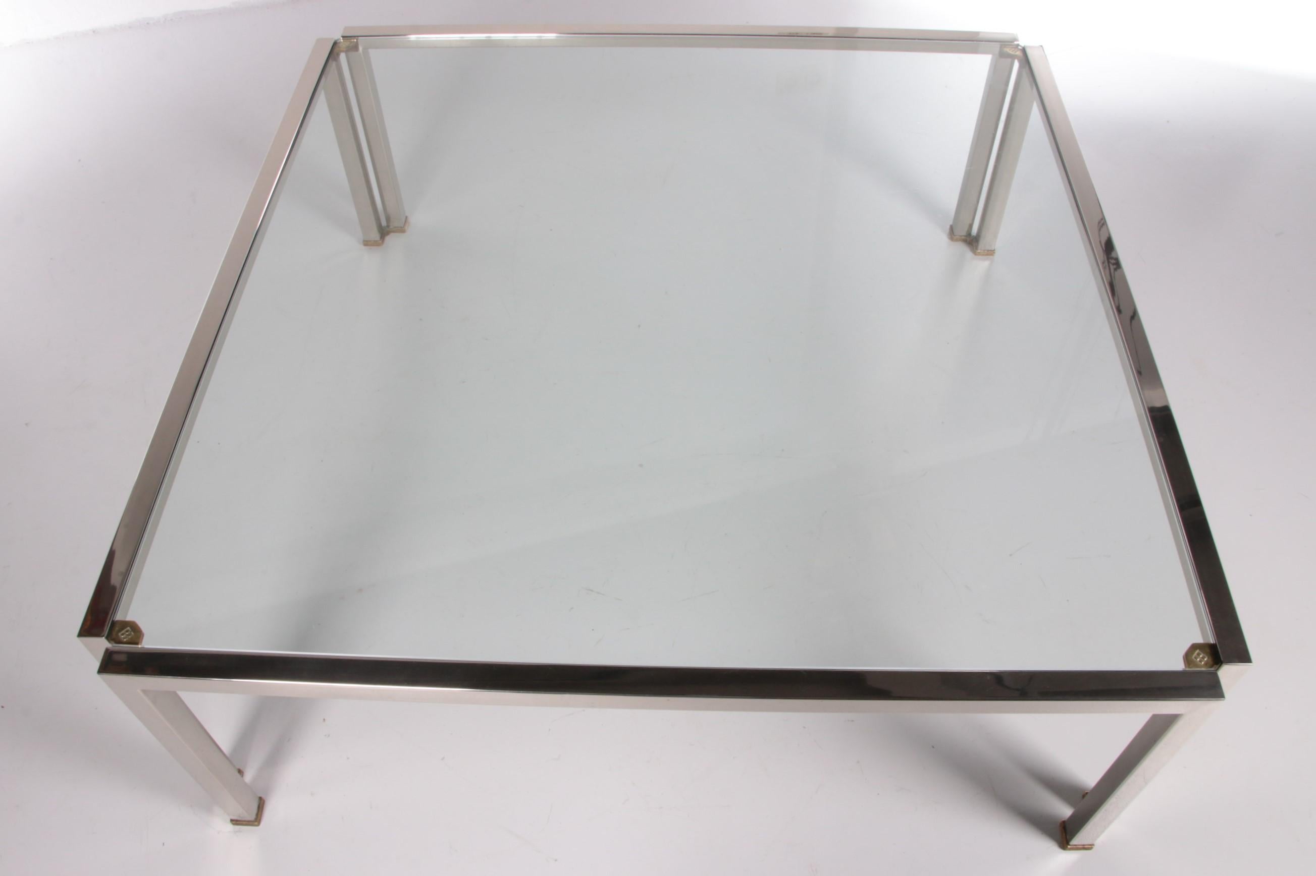 Glass Coffee Table Peter Ghyczy Model T28 d Inox with Brass, 1986 For Sale 1