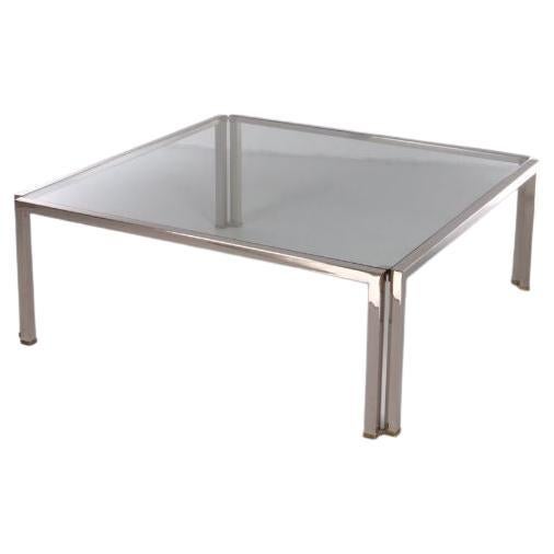 Glass Coffee Table Peter Ghyczy Model T28 d Inox with Brass, 1986 For Sale