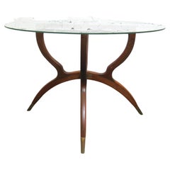 Retro Glass Coffee Table with Foldable Wood Base