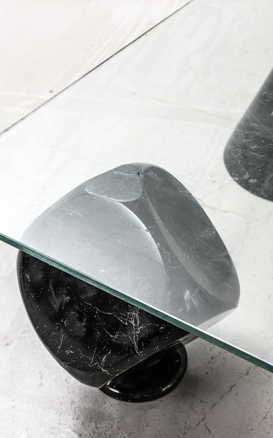Glass Coffee Table with Marble Sculptural Bases in the Style of Massimo Vignelli 7