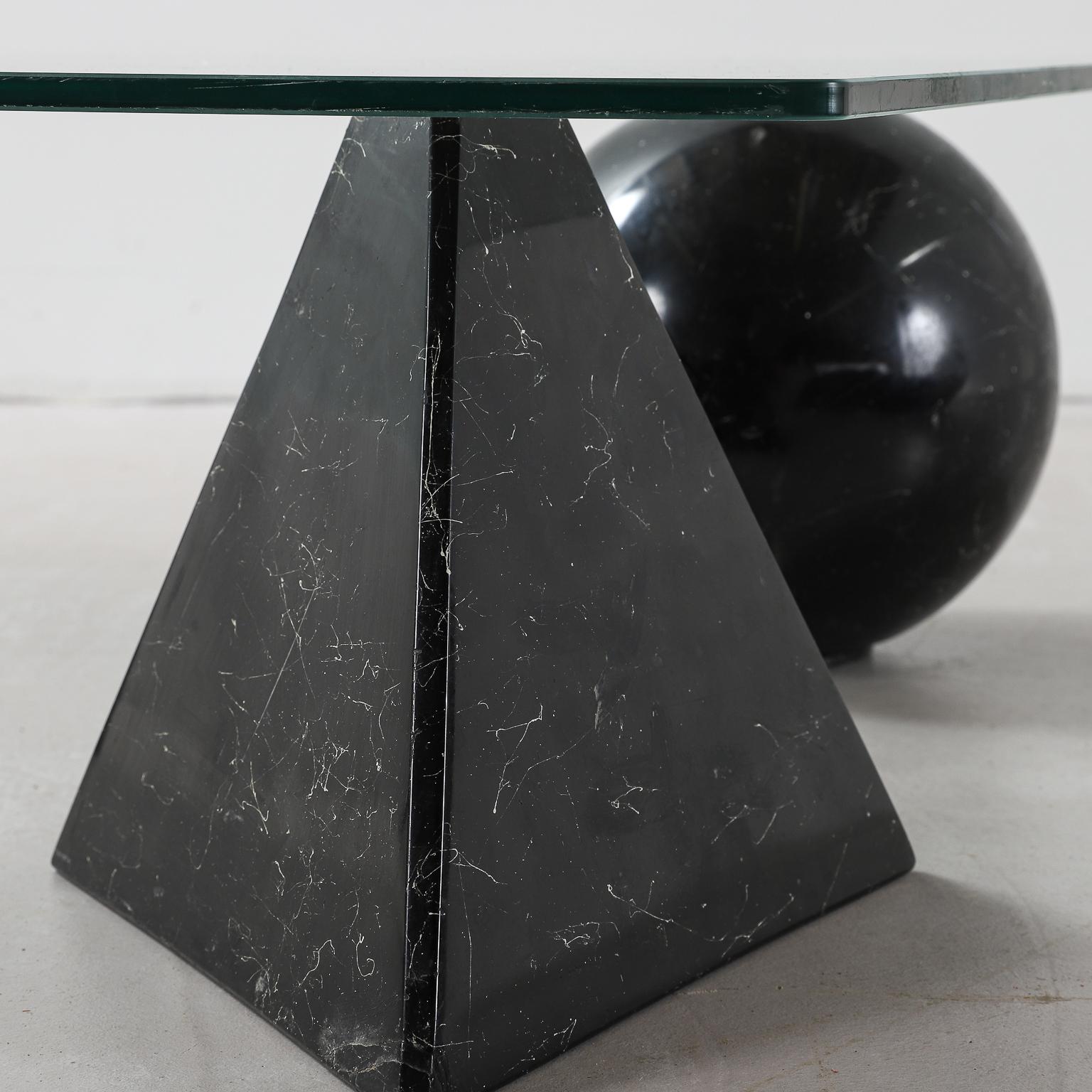 Italian Glass Coffee Table with Marble Sculptural Bases in the Style of Massimo Vignelli
