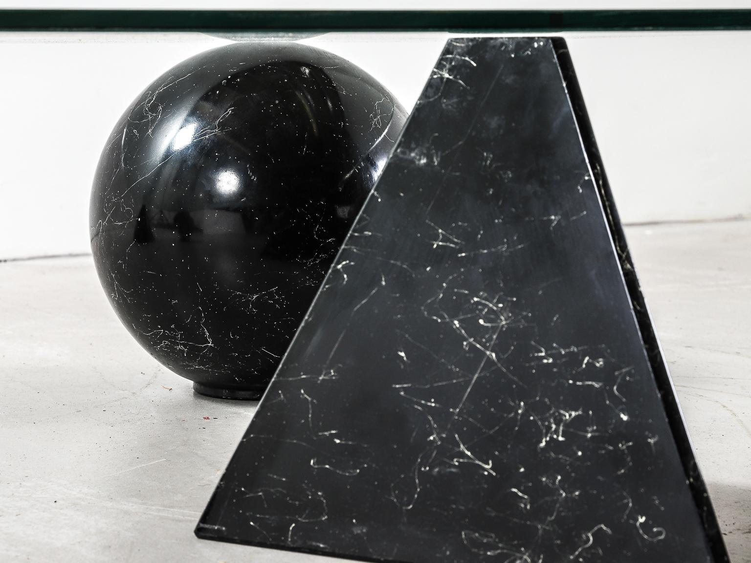 Glass Coffee Table with Marble Sculptural Bases in the Style of Massimo Vignelli In Good Condition In London, Charterhouse Square