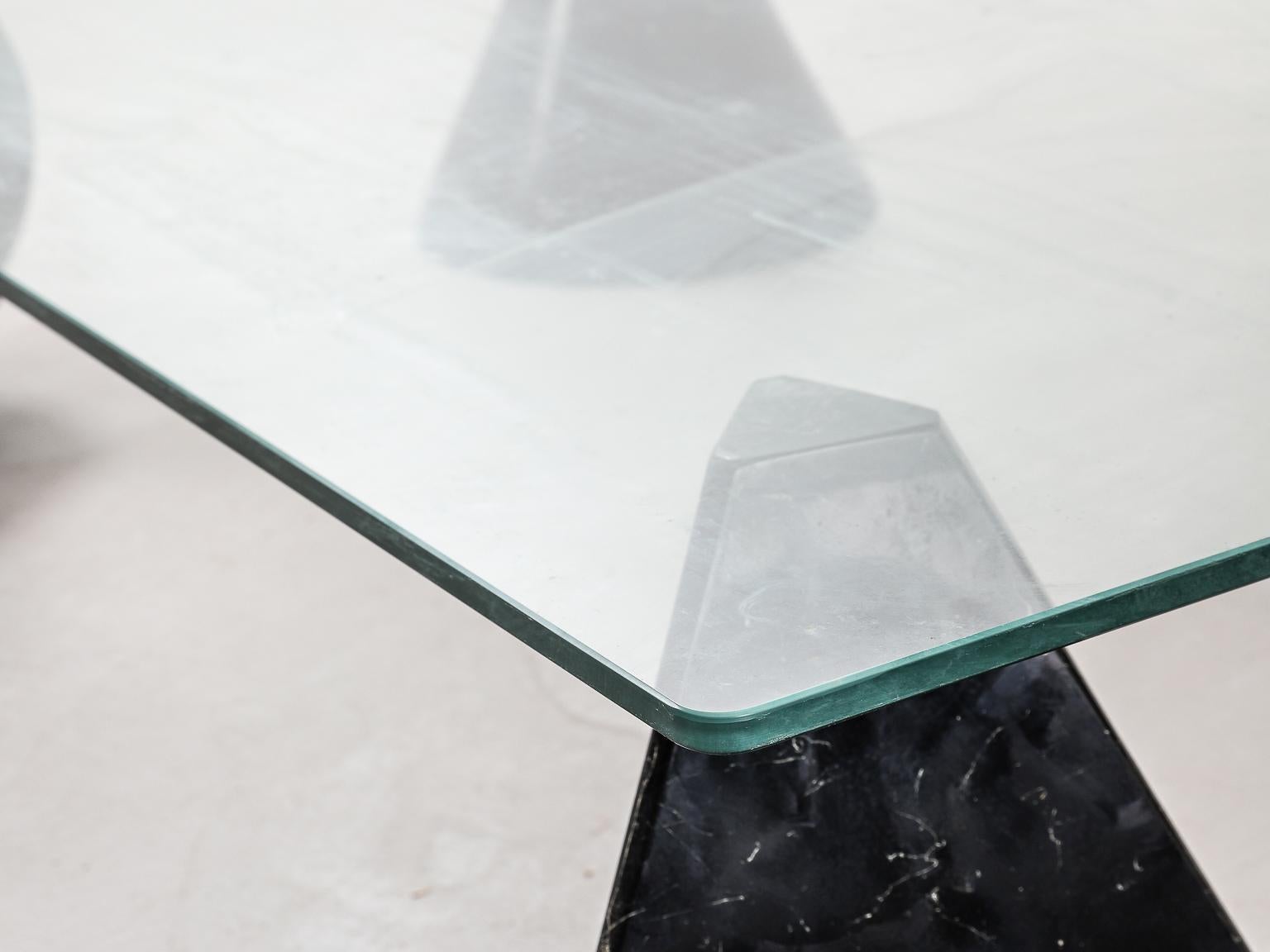 Glass Coffee Table with Marble Sculptural Bases in the Style of Massimo Vignelli 3