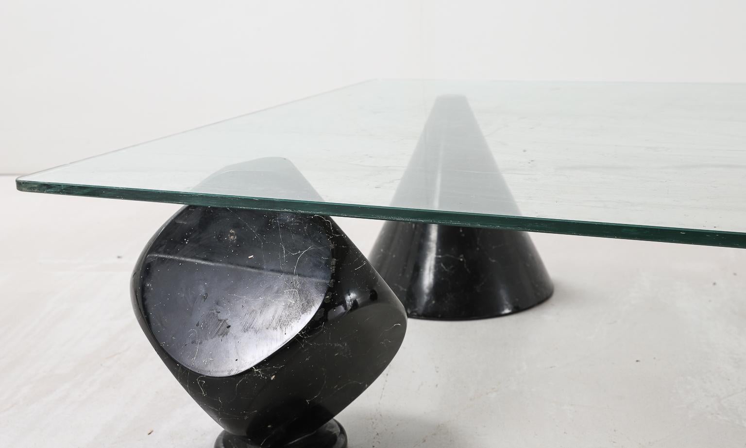 Glass Coffee Table with Marble Sculptural Bases in the Style of Massimo Vignelli 4