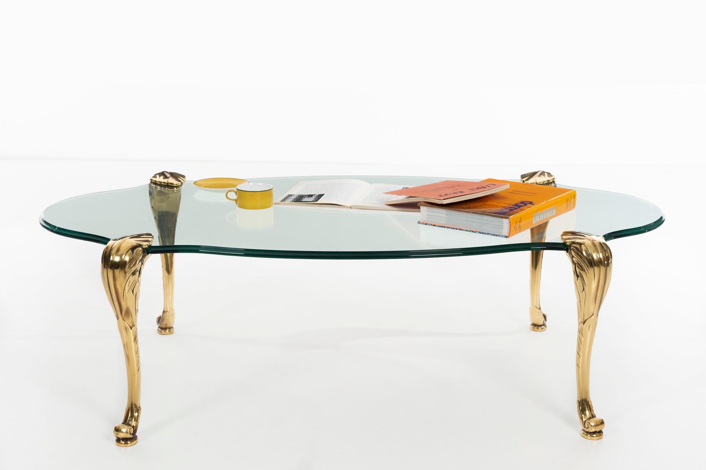 American Classical Glass Coffee Table with Ornamental Saber Legs