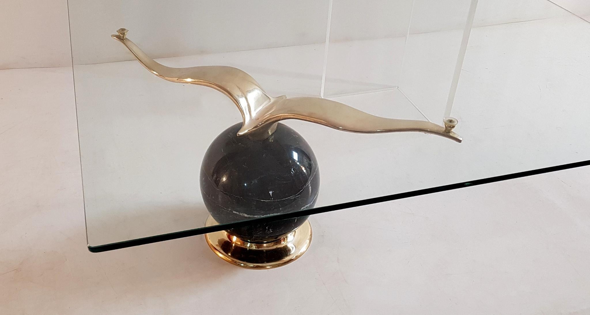Mid-Century Modern Glass Coffee Table with Seagull in Brass on Marble