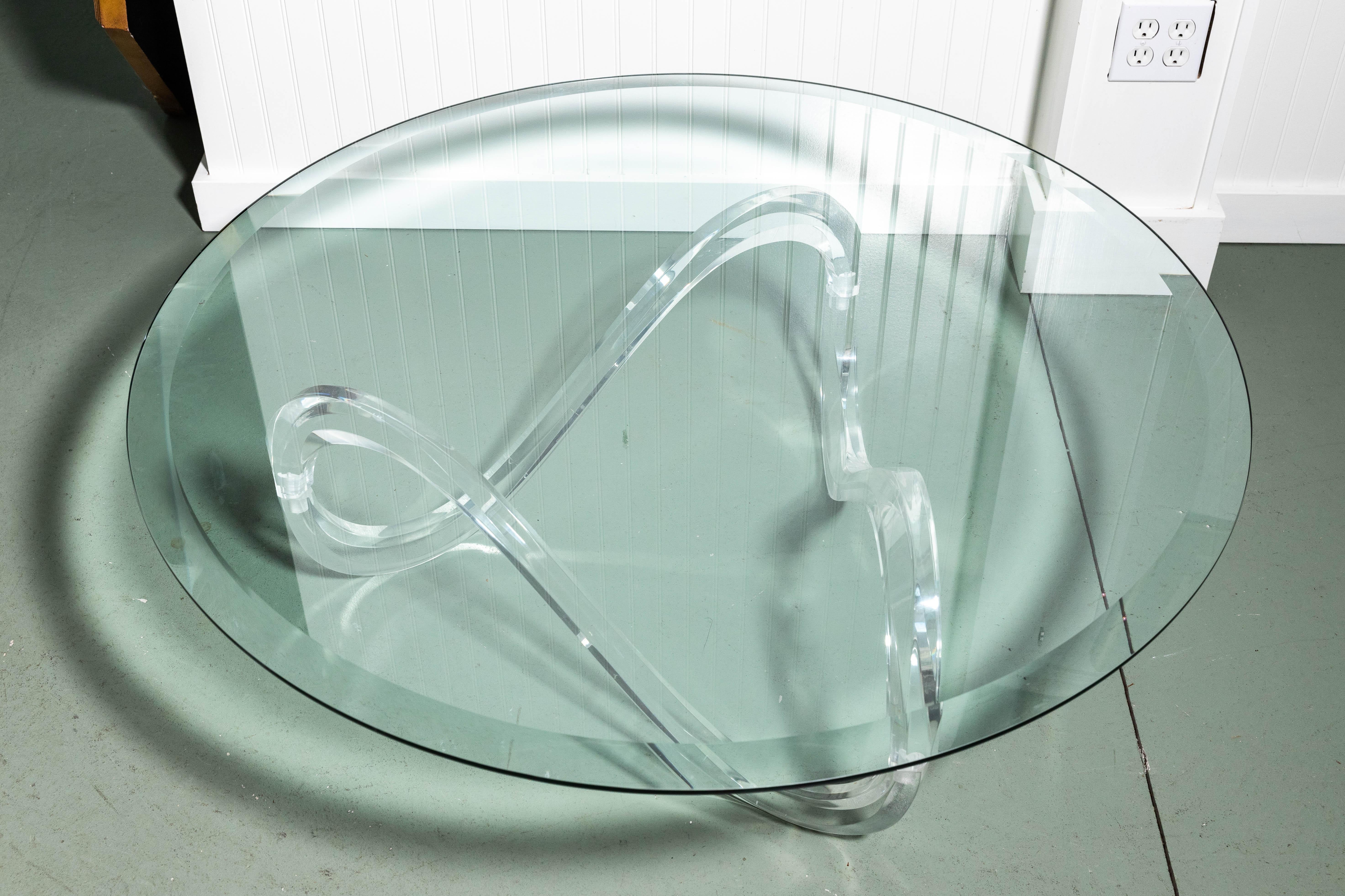 American Glass Coffee Table with Serpentine Lucite Base in Style of Charles Hollis Jones For Sale