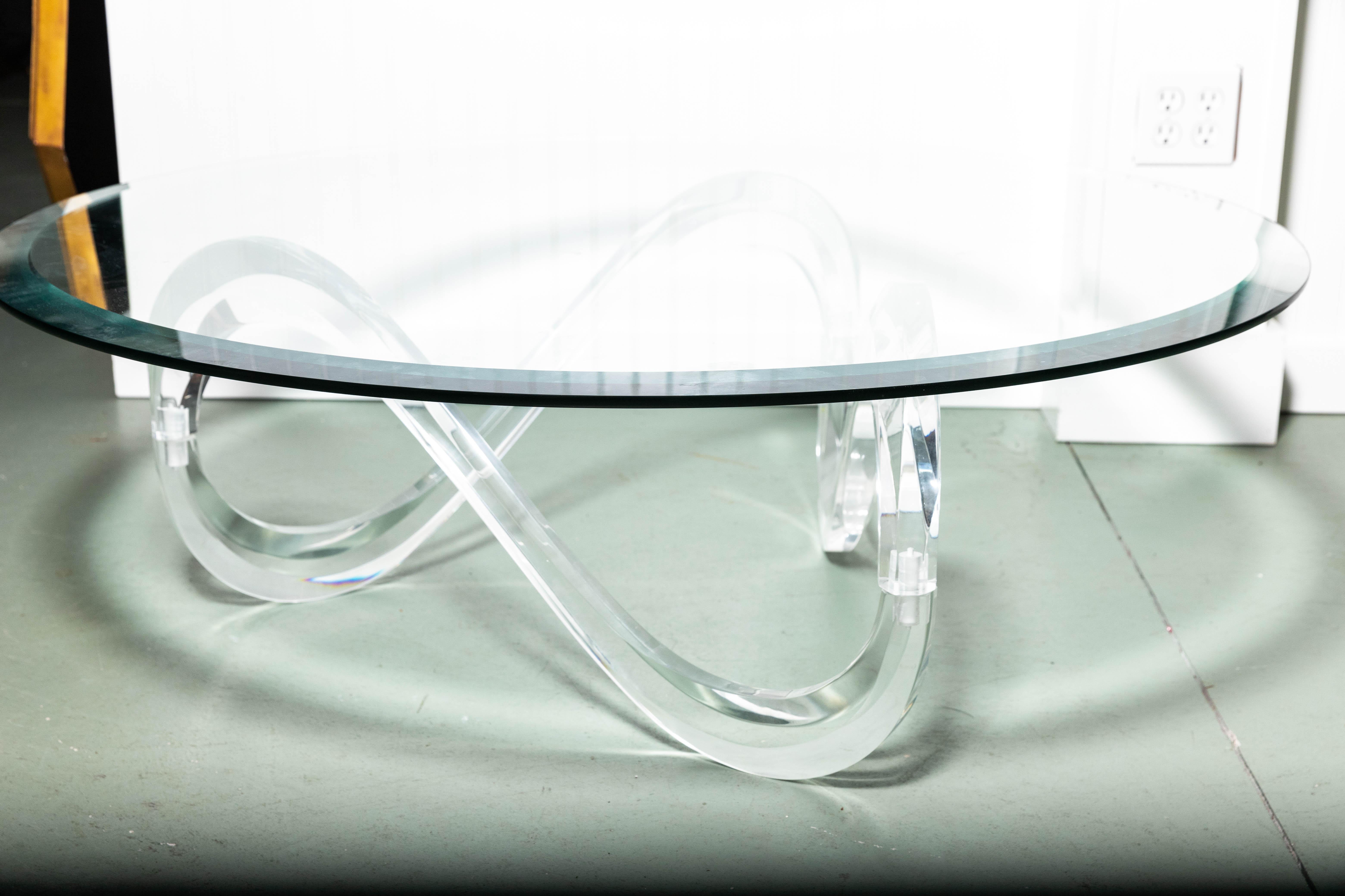 20th Century Glass Coffee Table with Serpentine Lucite Base in Style of Charles Hollis Jones For Sale