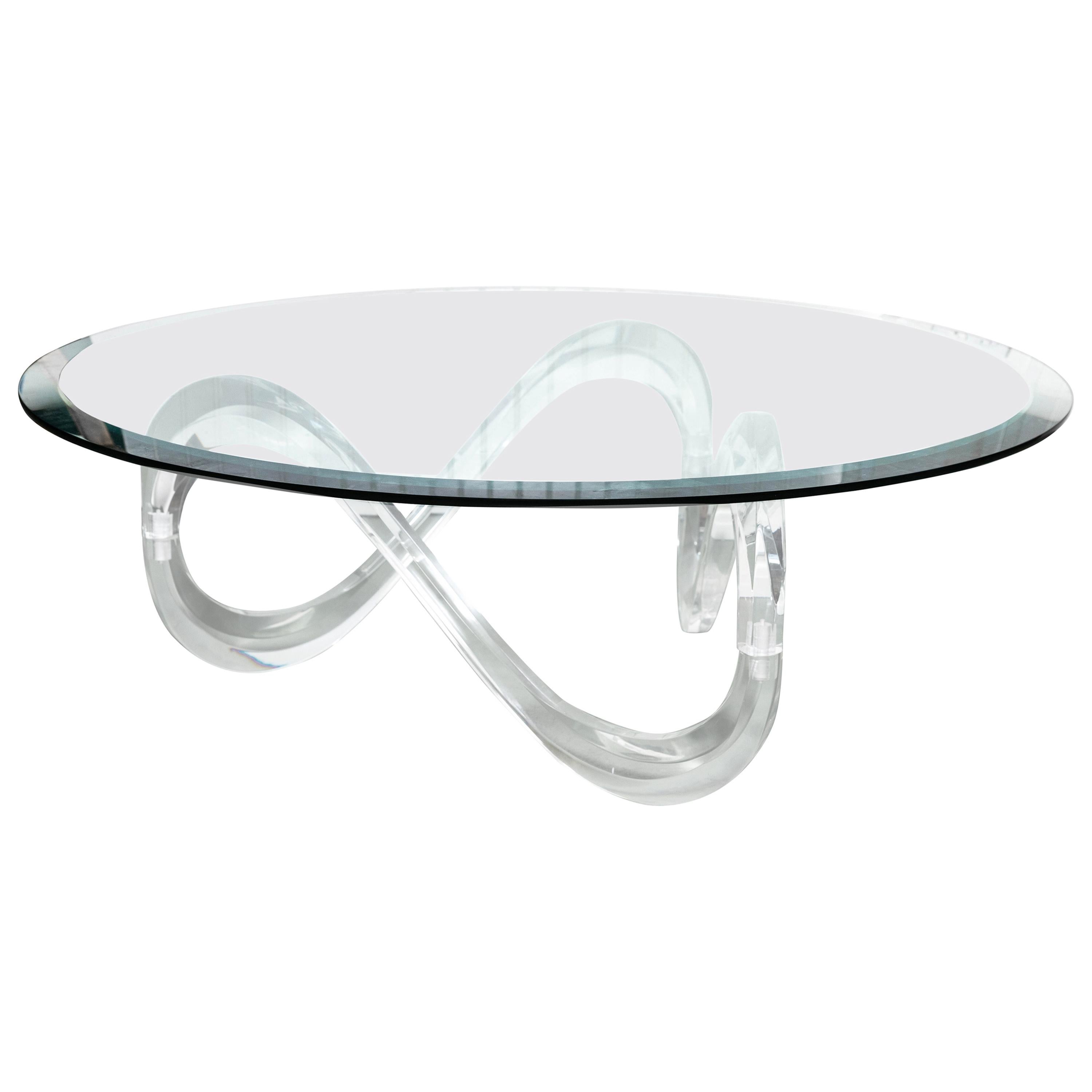 Glass Coffee Table with Serpentine Lucite Base in Style of Charles Hollis Jones For Sale