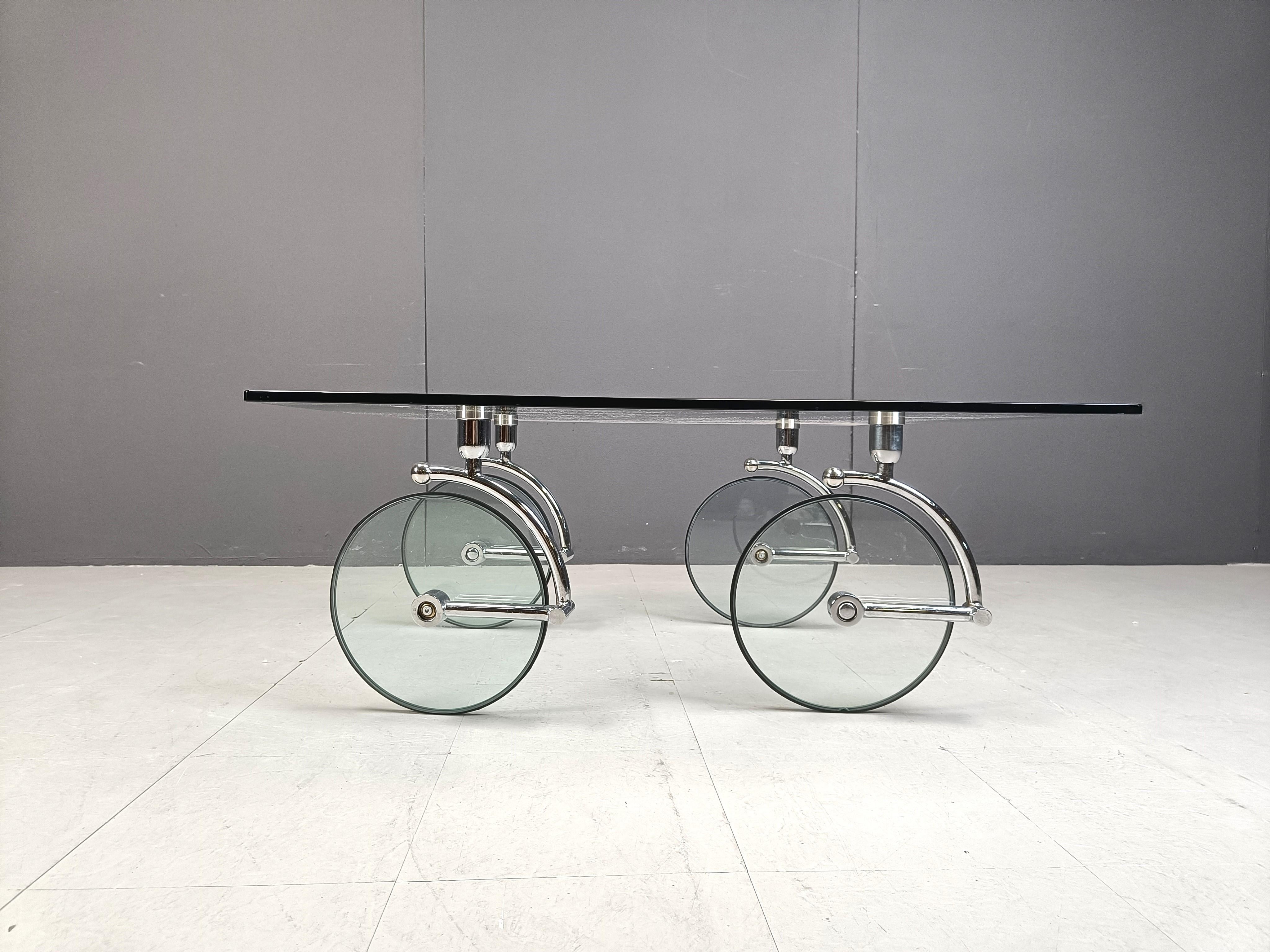 Post-Modern Glass coffee table with wheels, 1980s