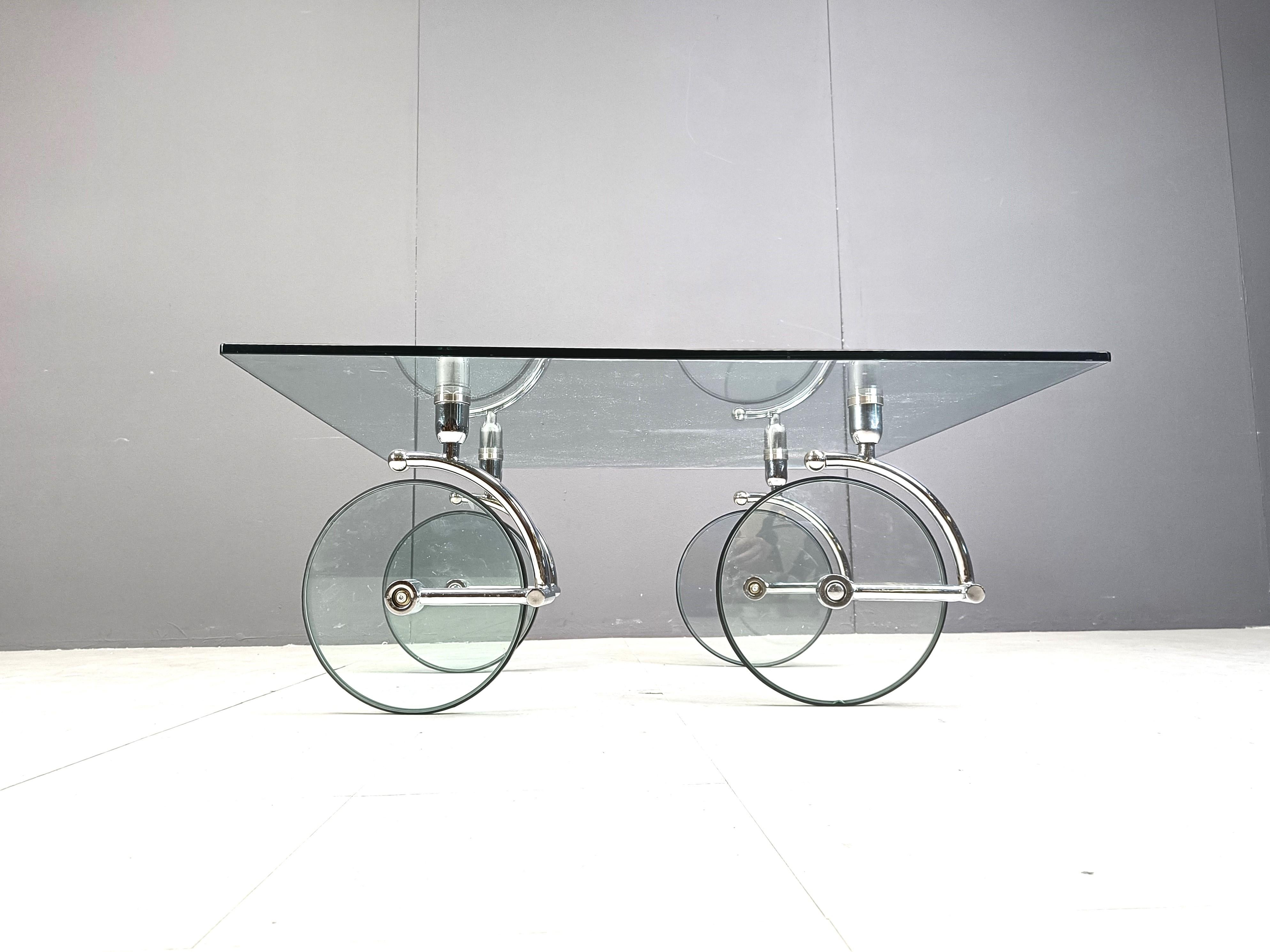 Italian Glass coffee table with wheels, 1980s