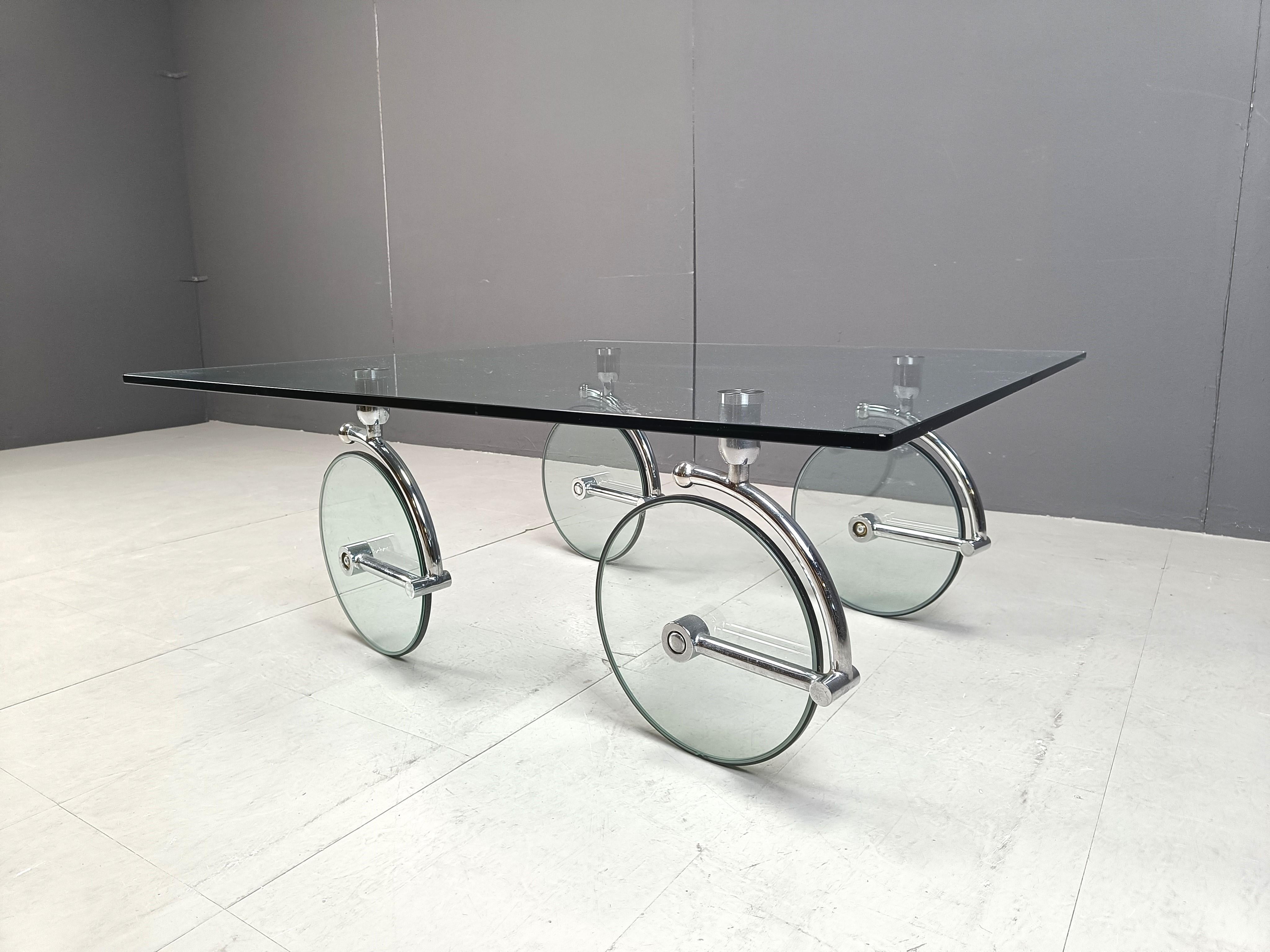 Glass coffee table with wheels, 1980s 2
