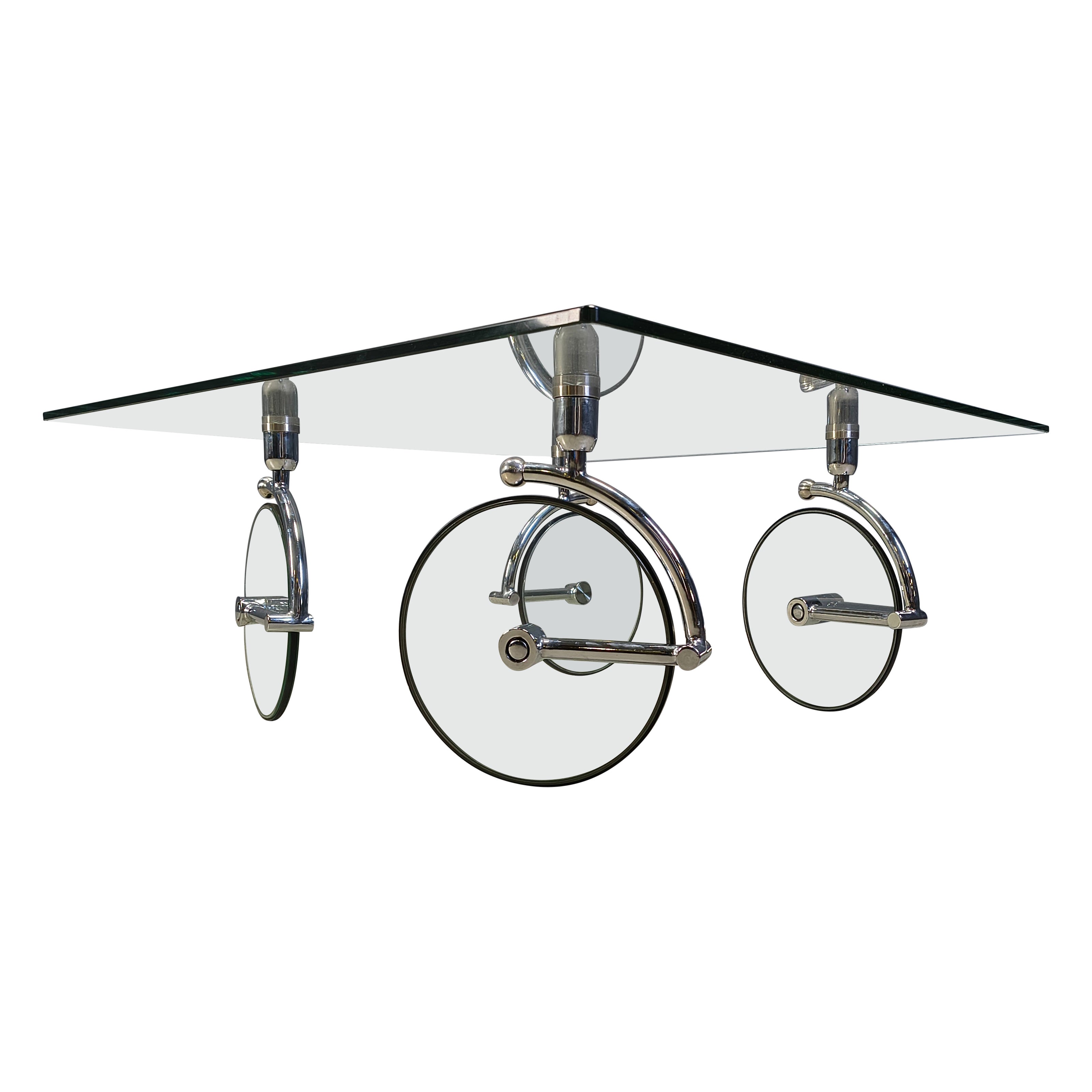 Glass coffee table with wheels, 1980s For Sale