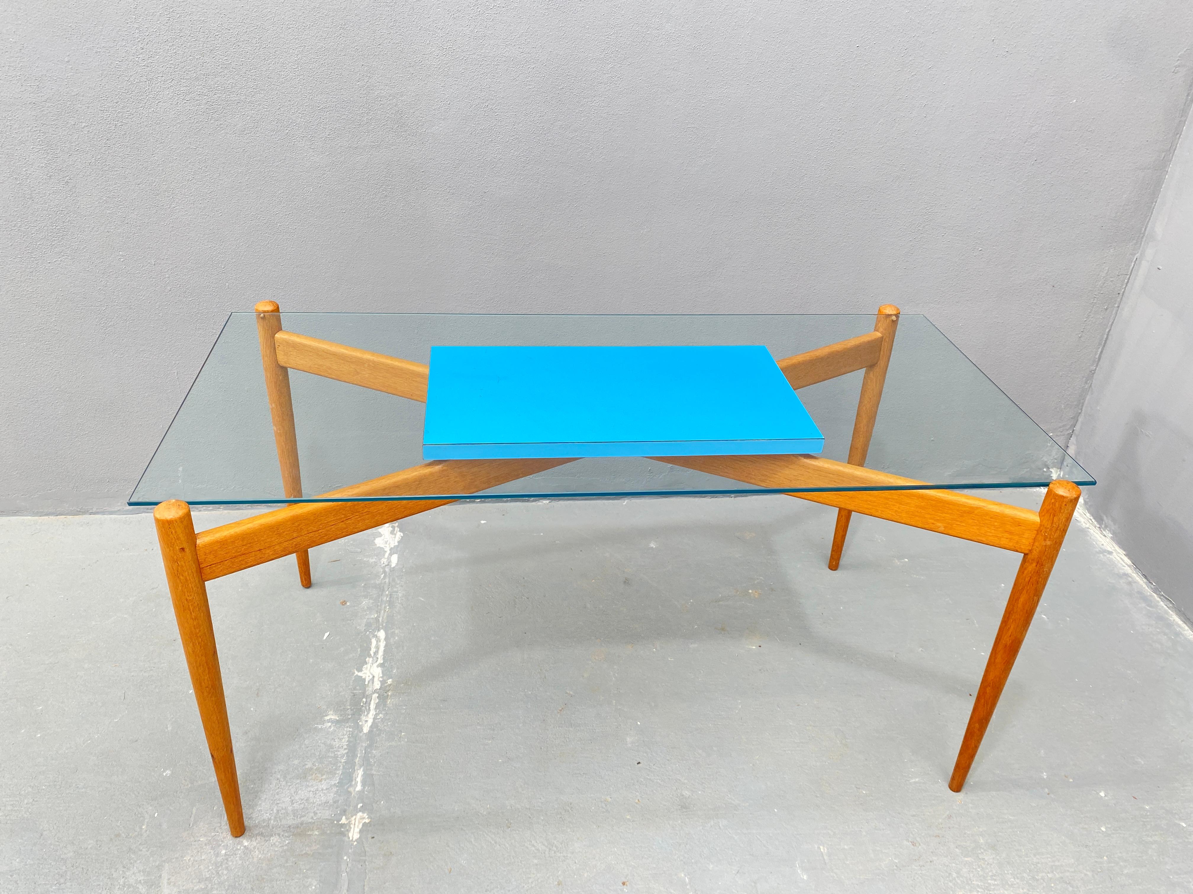 Art Deco Glass Coffee Table with Wooden Frame, 1960's, Czechoslovakia For Sale