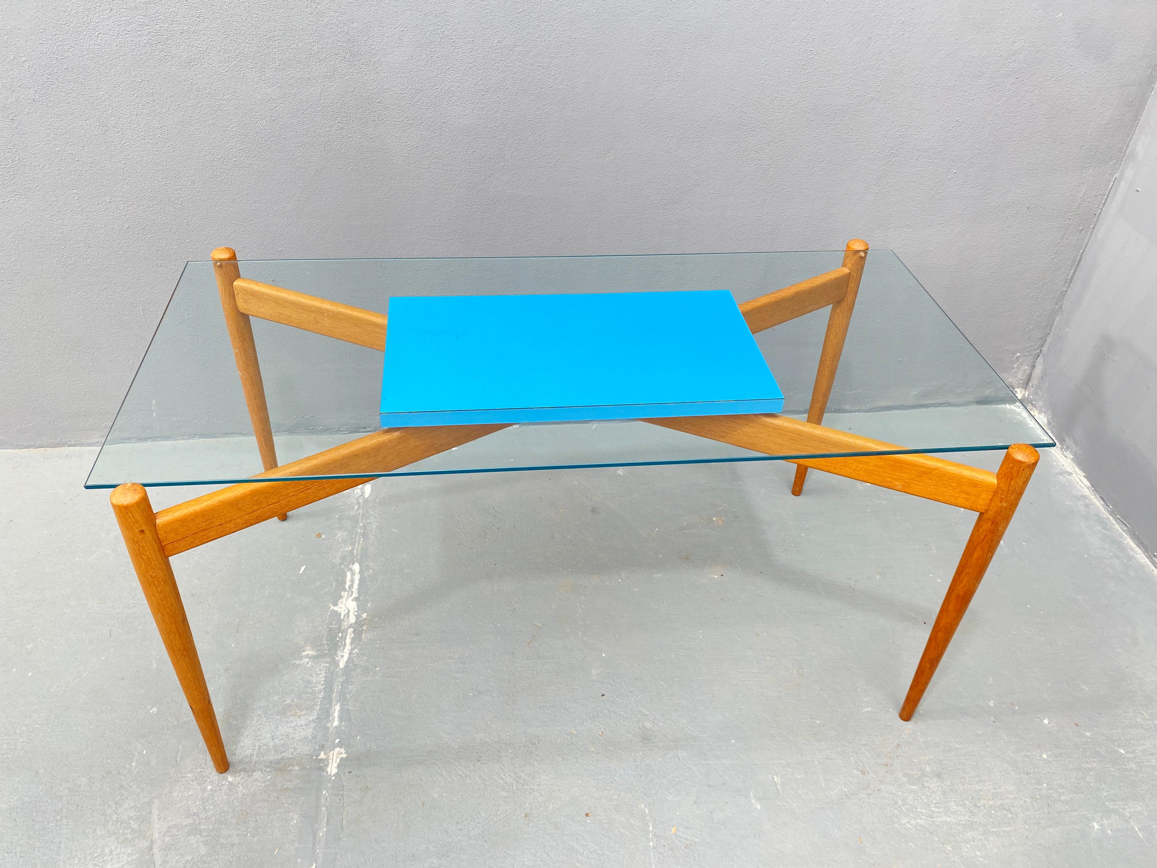 Glass Coffee Table with Wooden Frame, 1960's, Czechoslovakia In Good Condition For Sale In Prague 8, CZ