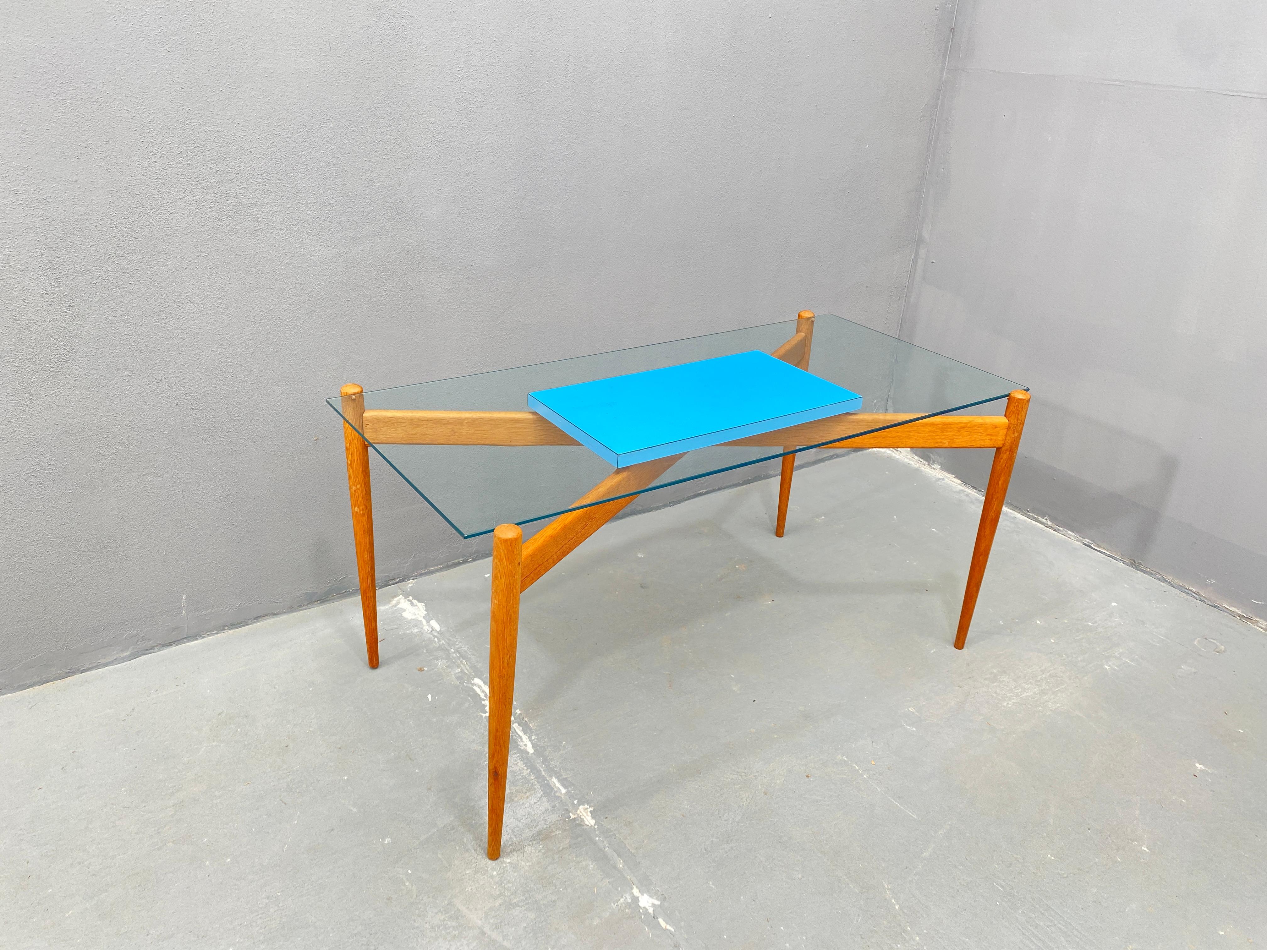Glass Coffee Table with Wooden Frame, 1960's, Czechoslovakia For Sale 1