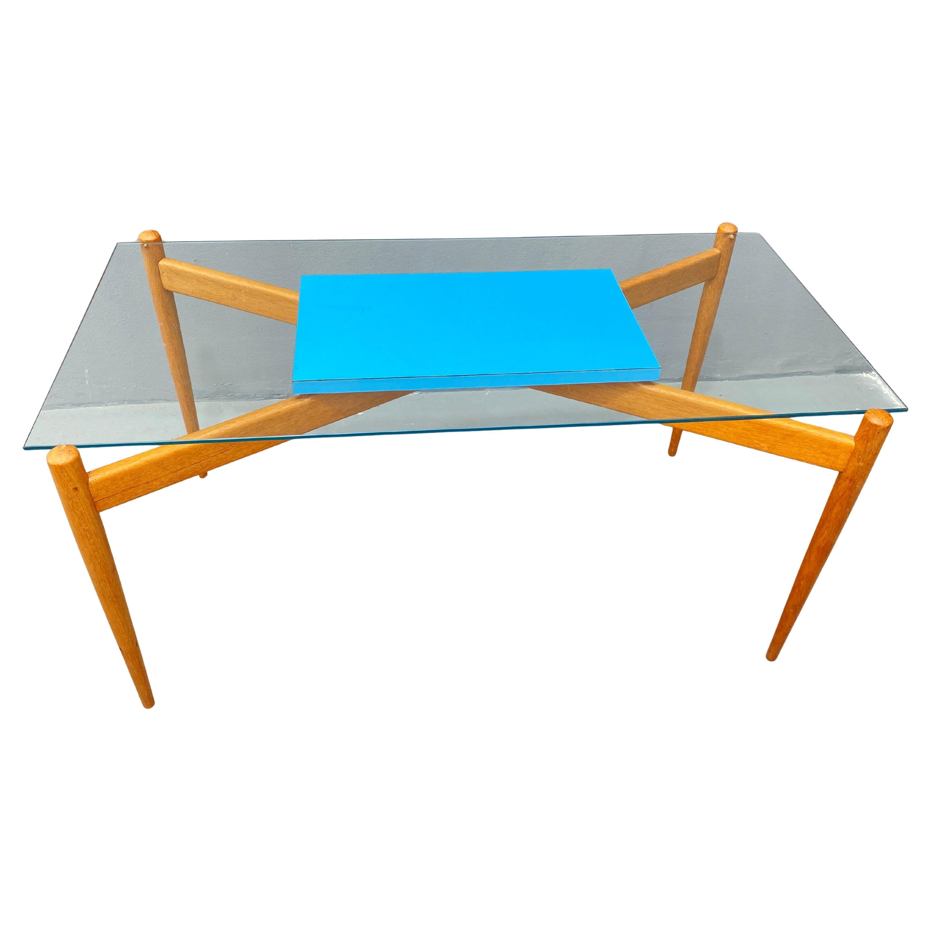 Glass Coffee Table with Wooden Frame, 1960's, Czechoslovakia For Sale