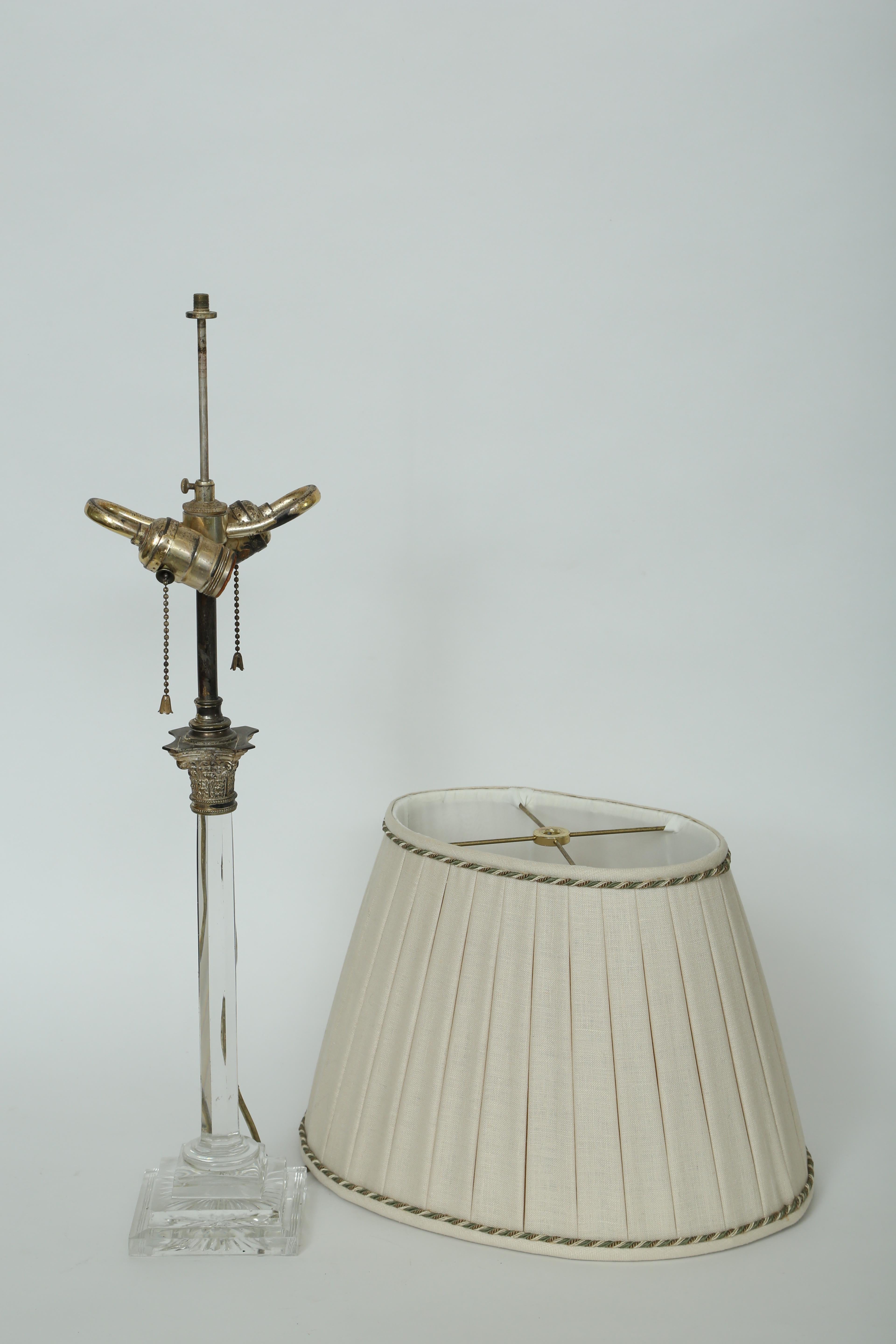 Neoclassical Cut Glass Columnar Lamp with a Hand Sewn Linen Shade- Neo-Classical Style  For Sale