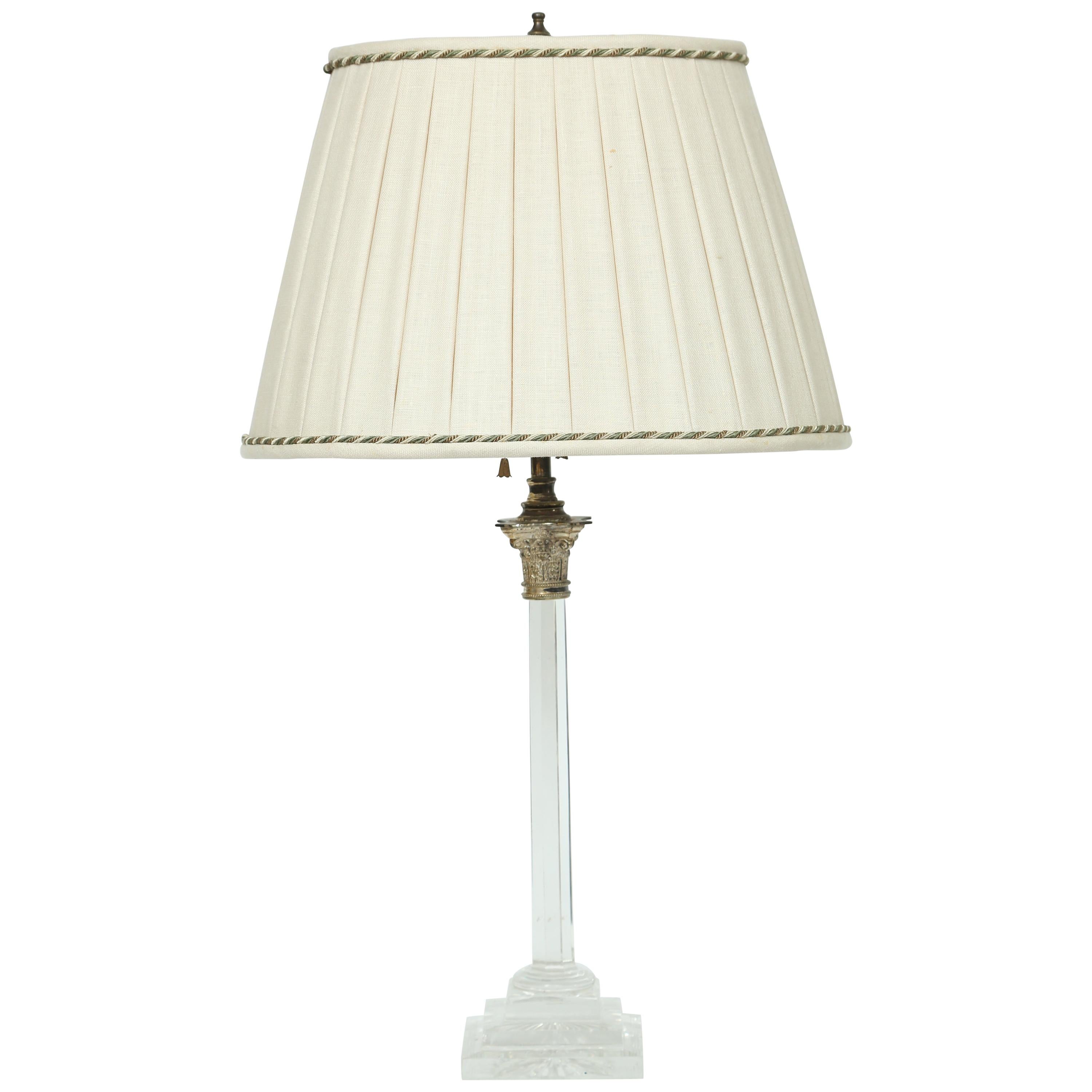 Cut Glass Columnar Lamp with a Hand Sewn Linen Shade- Neo-Classical Style  For Sale