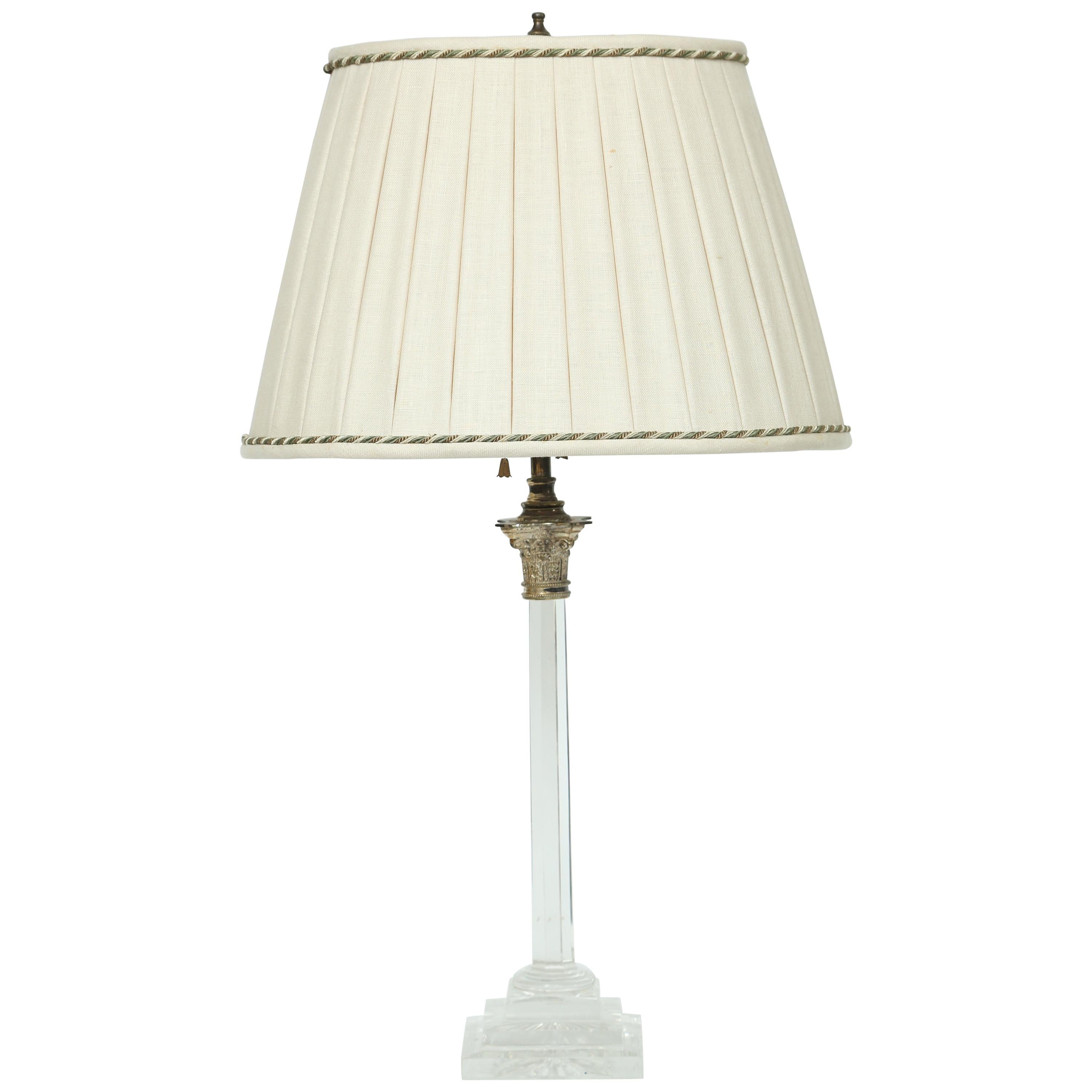 Cut Glass Columnar Lamp with a Hand Sewn Linen Shade- Neo-Classical Style For Sale