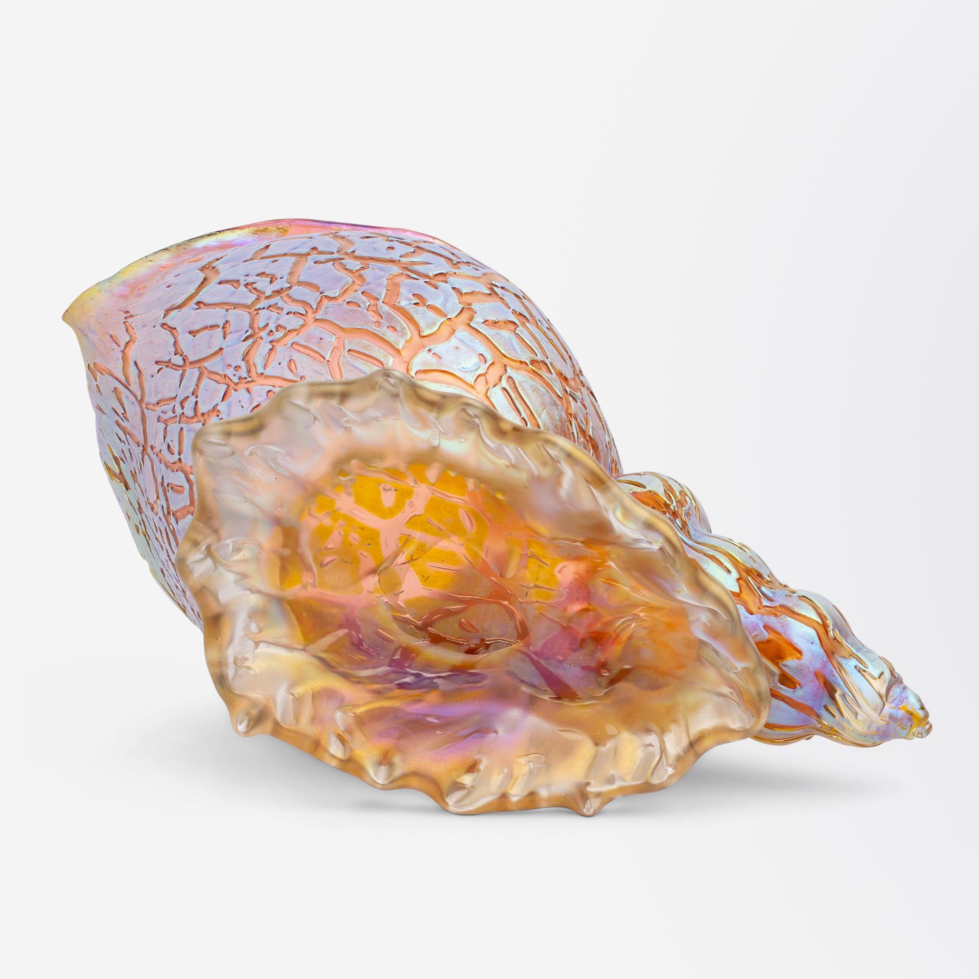 Jugendstil Glass Conch Shell by Loetz in Pink Ground with Mimosa Decor For Sale