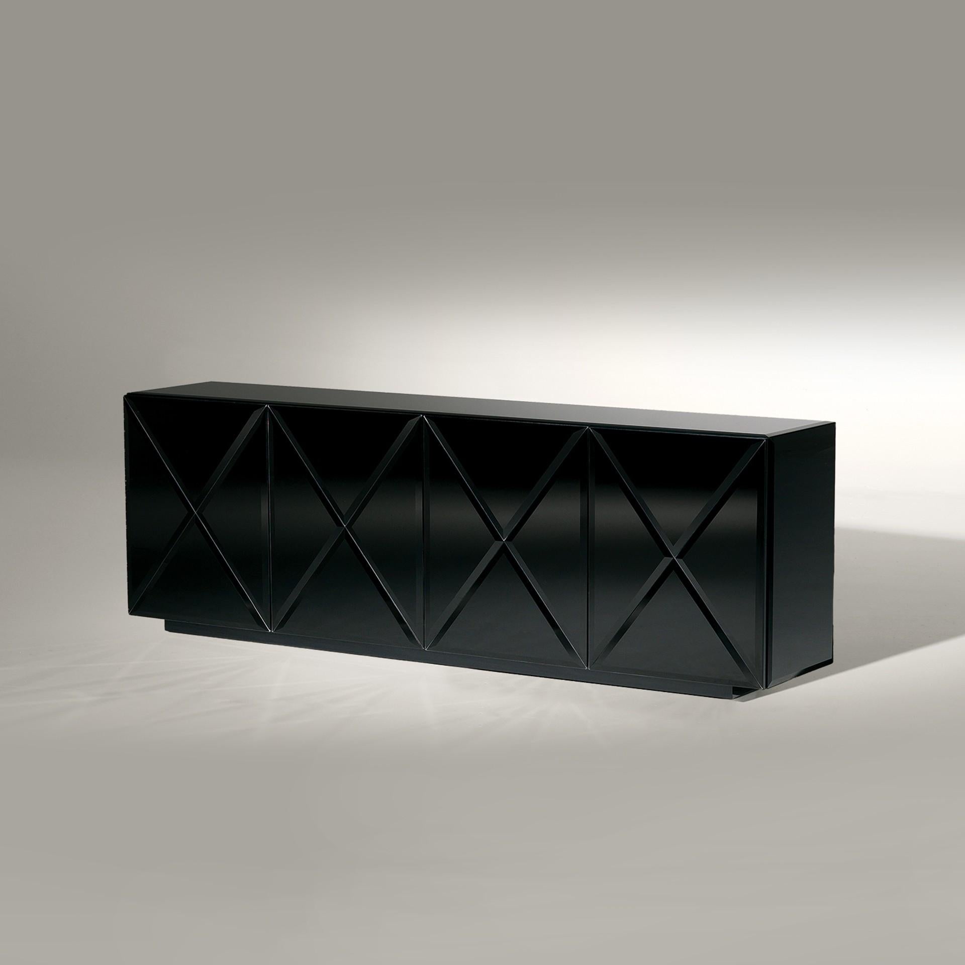 Sideboard covered with black mirror, 4 shelves adjustable and drawers on the interior with Leliévre velvet.

Bespoke / Customizable
Identical shapes with different sizes and finishings.
All RAL colors available. (Mate / Half Gloss / Gloss)