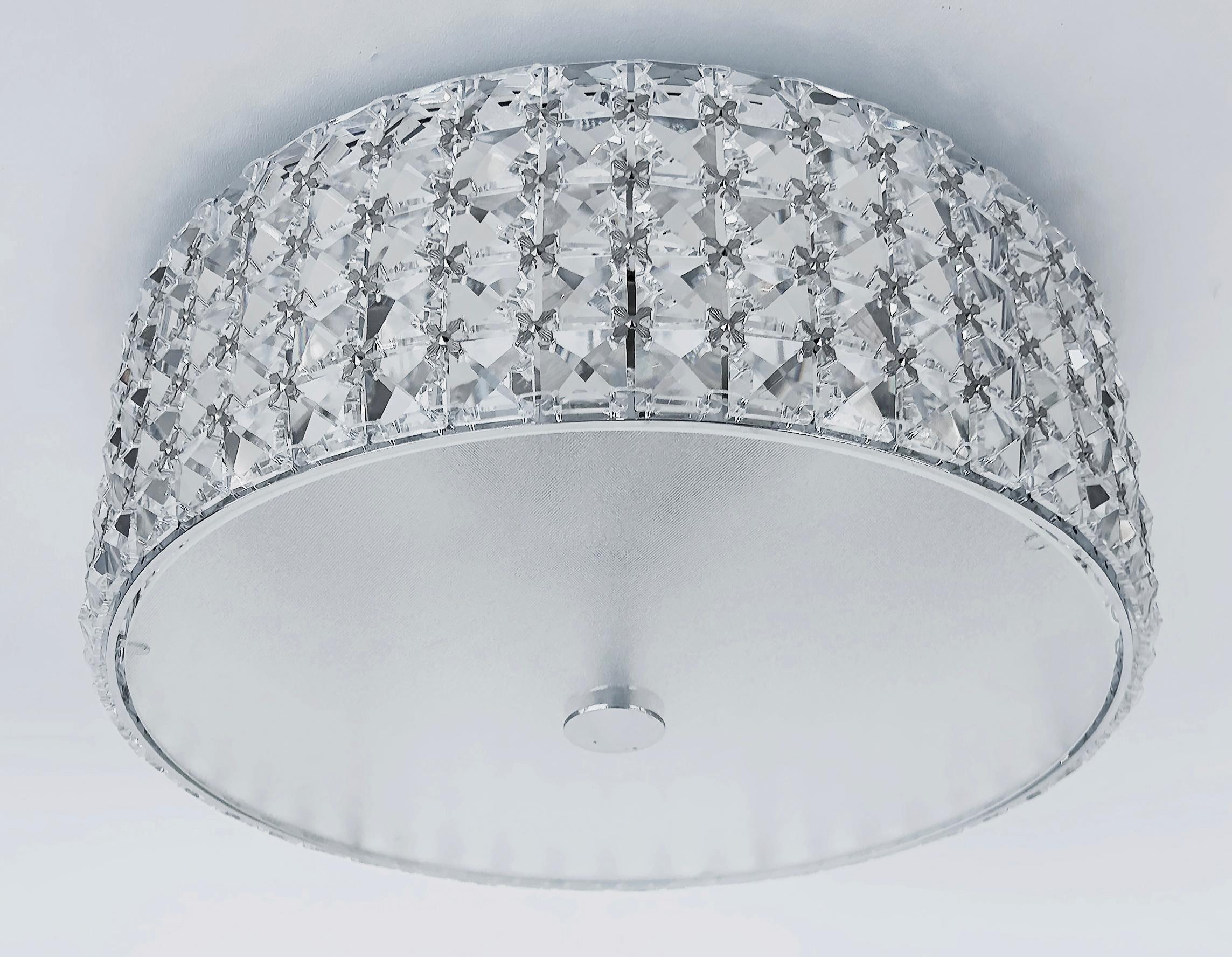 Modern Glass, Crystal and Chrome Flush Mount Ceiling Light Fixture, Wired and Working For Sale