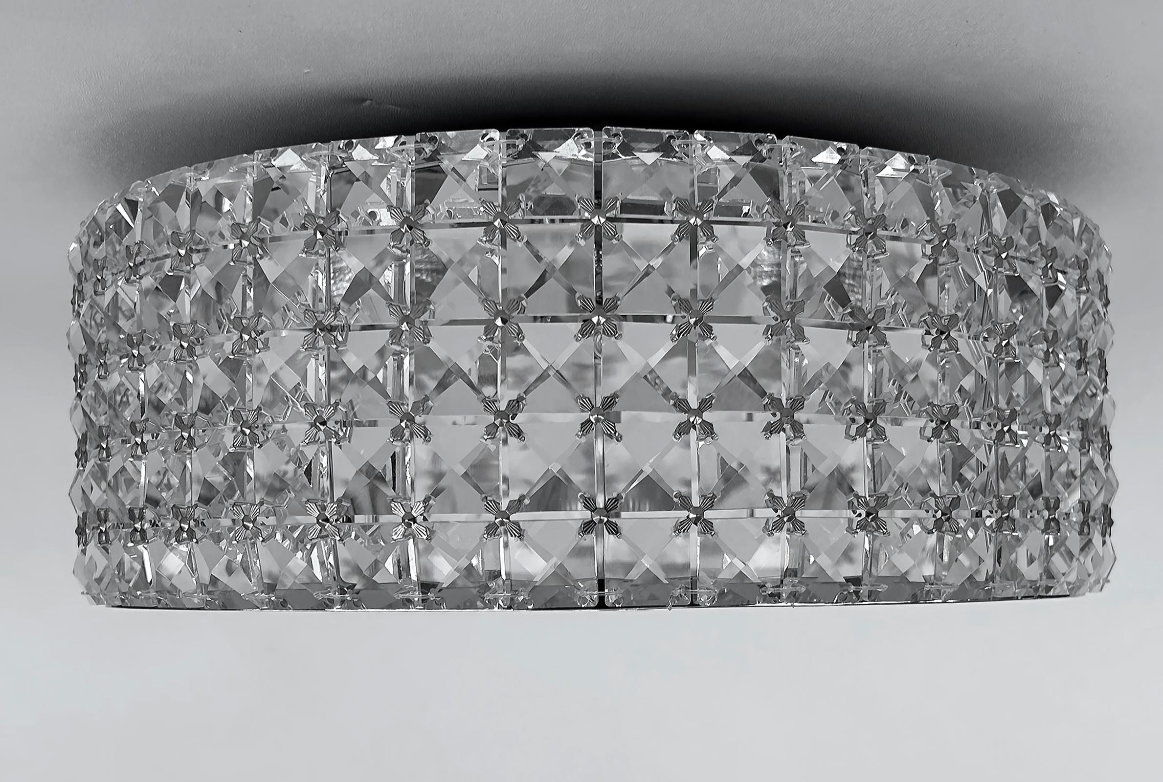Glass, Crystal and Chrome Flush Mount Ceiling Light Fixture, Wired and Working In Good Condition For Sale In Miami, FL