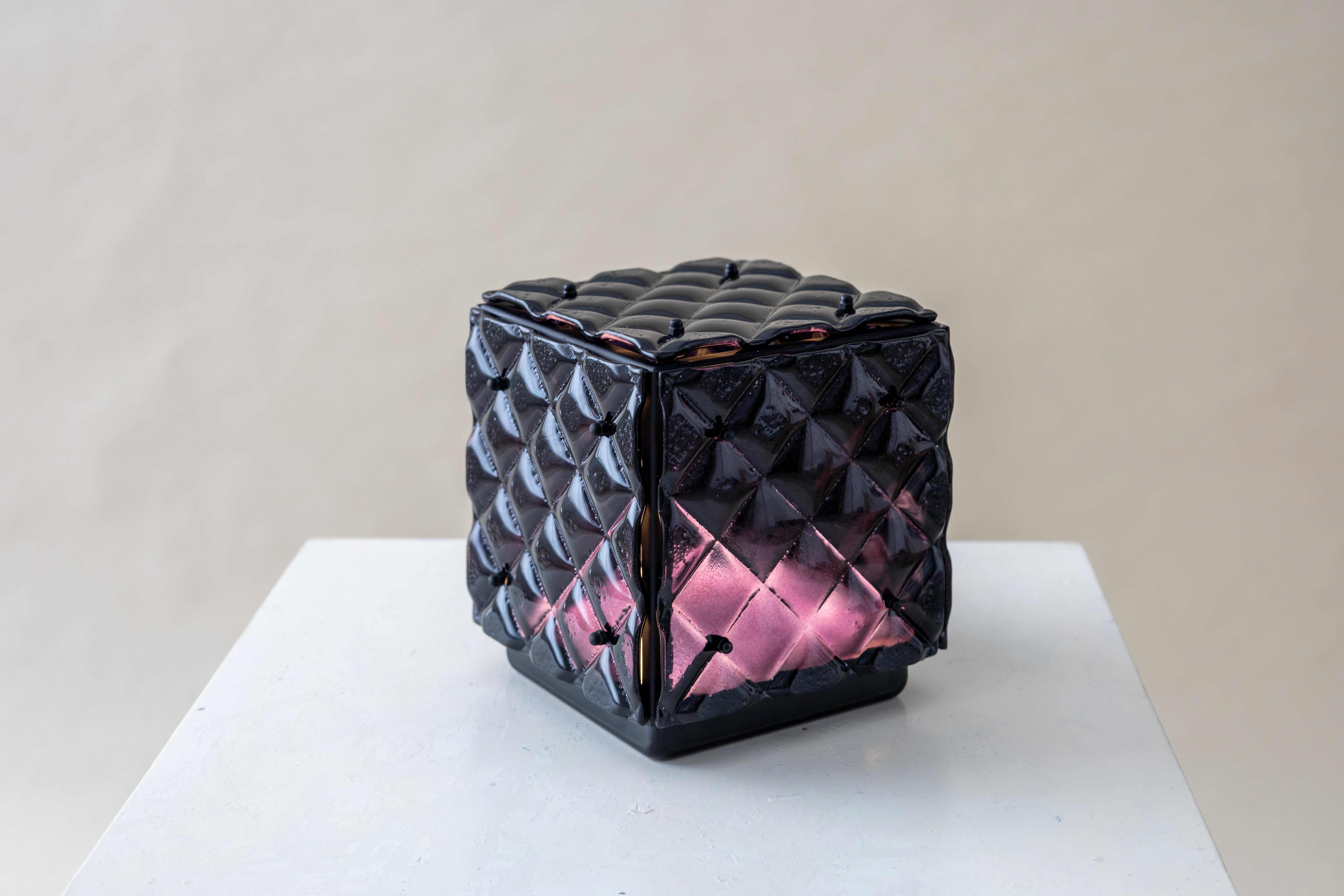 Spanish Glass Cube Lamp Black Ambient Light Artisanal Fused Glass Contemporary Design For Sale