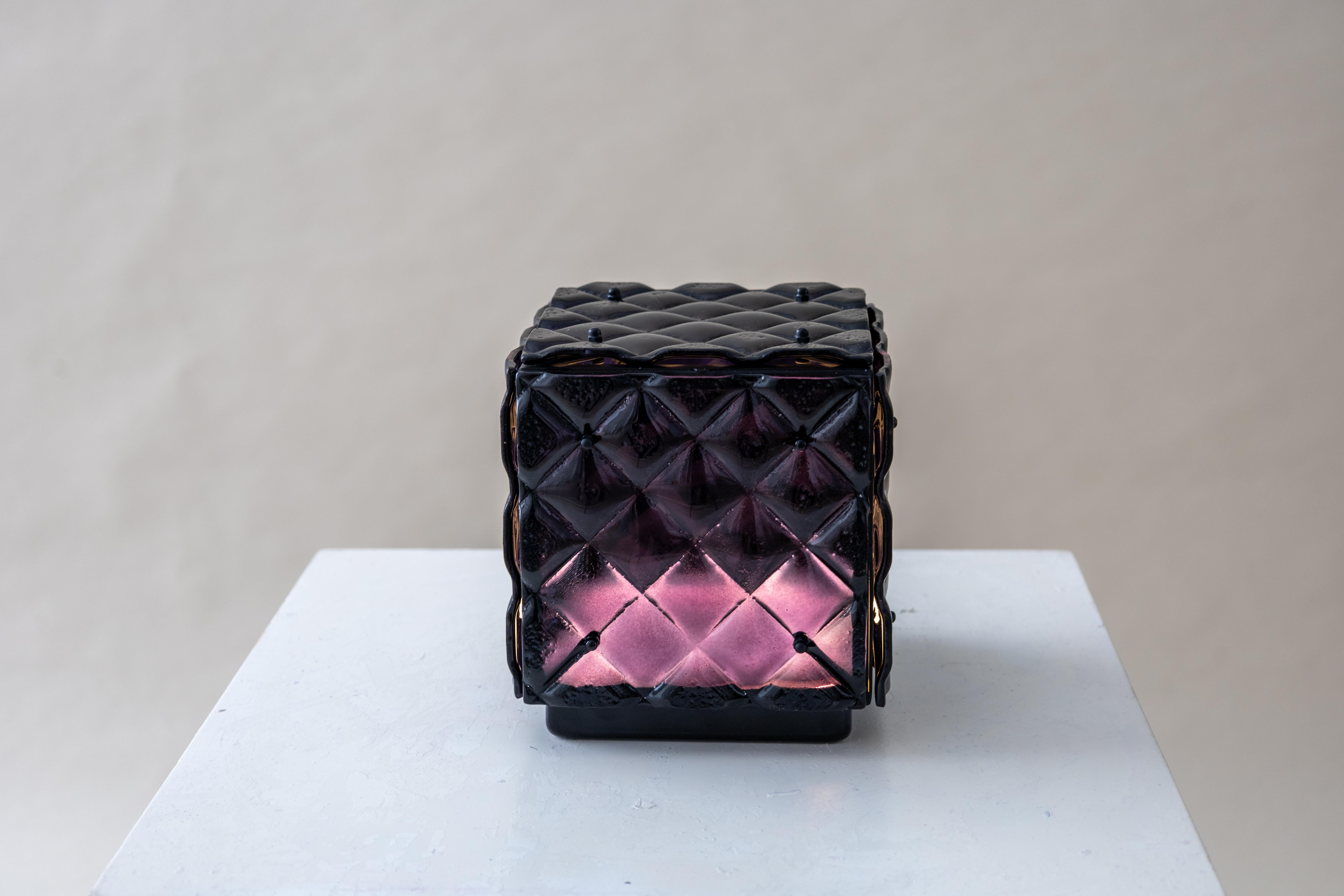 Glass Cube Lamp Black Ambient Light Artisanal Fused Glass Contemporary Design In New Condition For Sale In València, ES