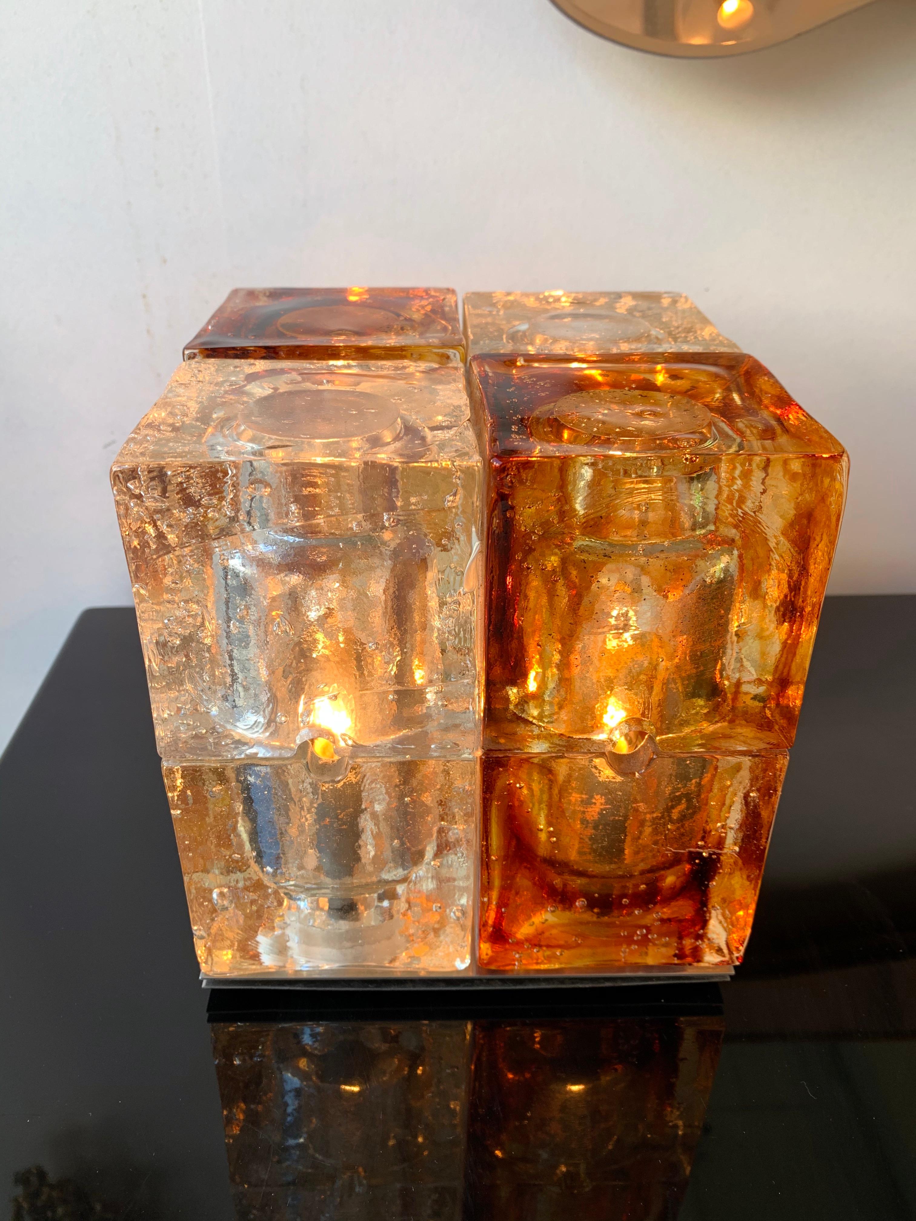 Rare glass cube table lamp amber and clear by Poliarte. Famous design like Mazzega Murano, Venini, Vistosi, La Murrina, Aldo Carlo Nason, Biancardi and Jordan Arte, Longobard.