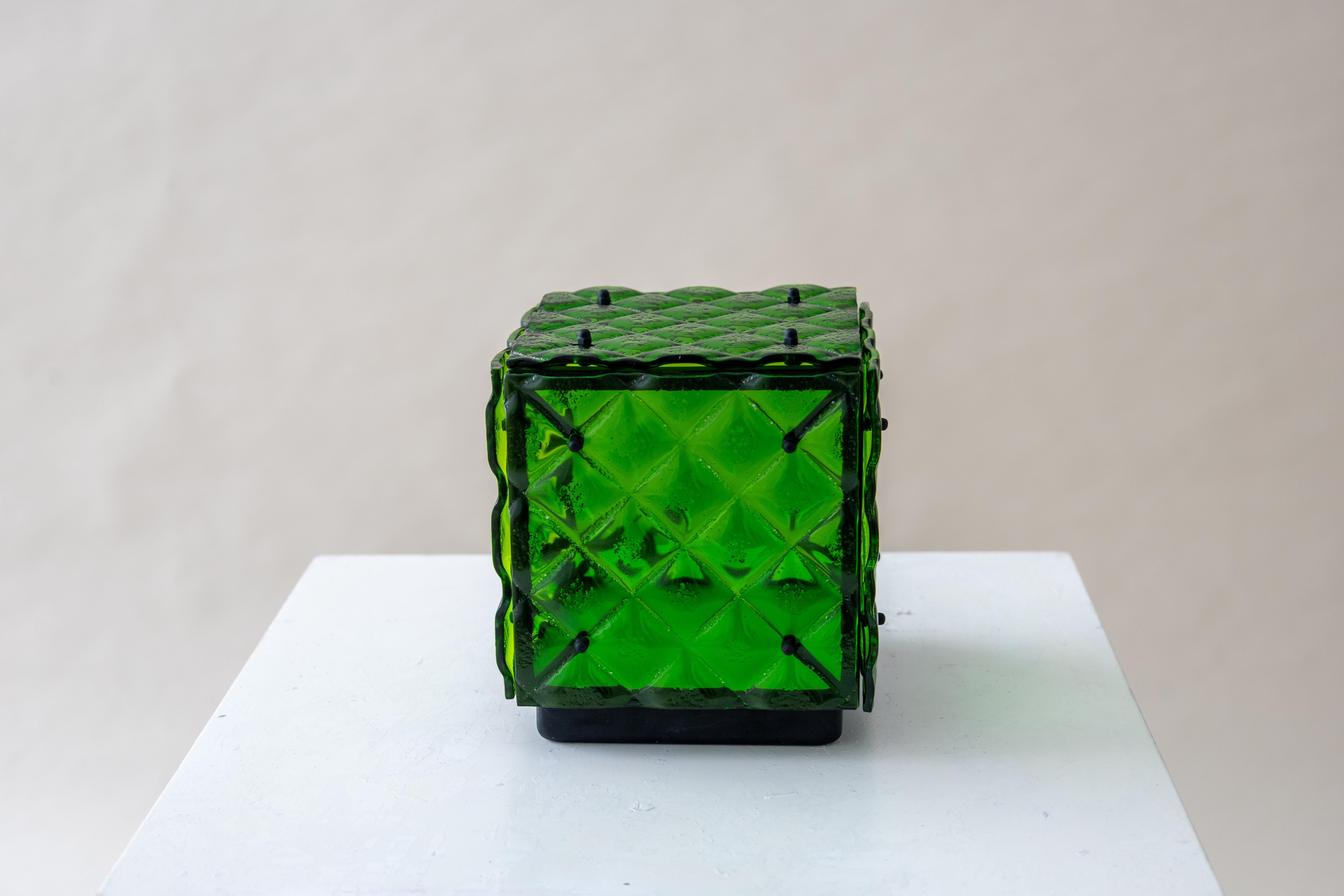 Spanish Glass Cube Lamp Green Ambient Light Artisanal Fused Glass Contemporary Design For Sale