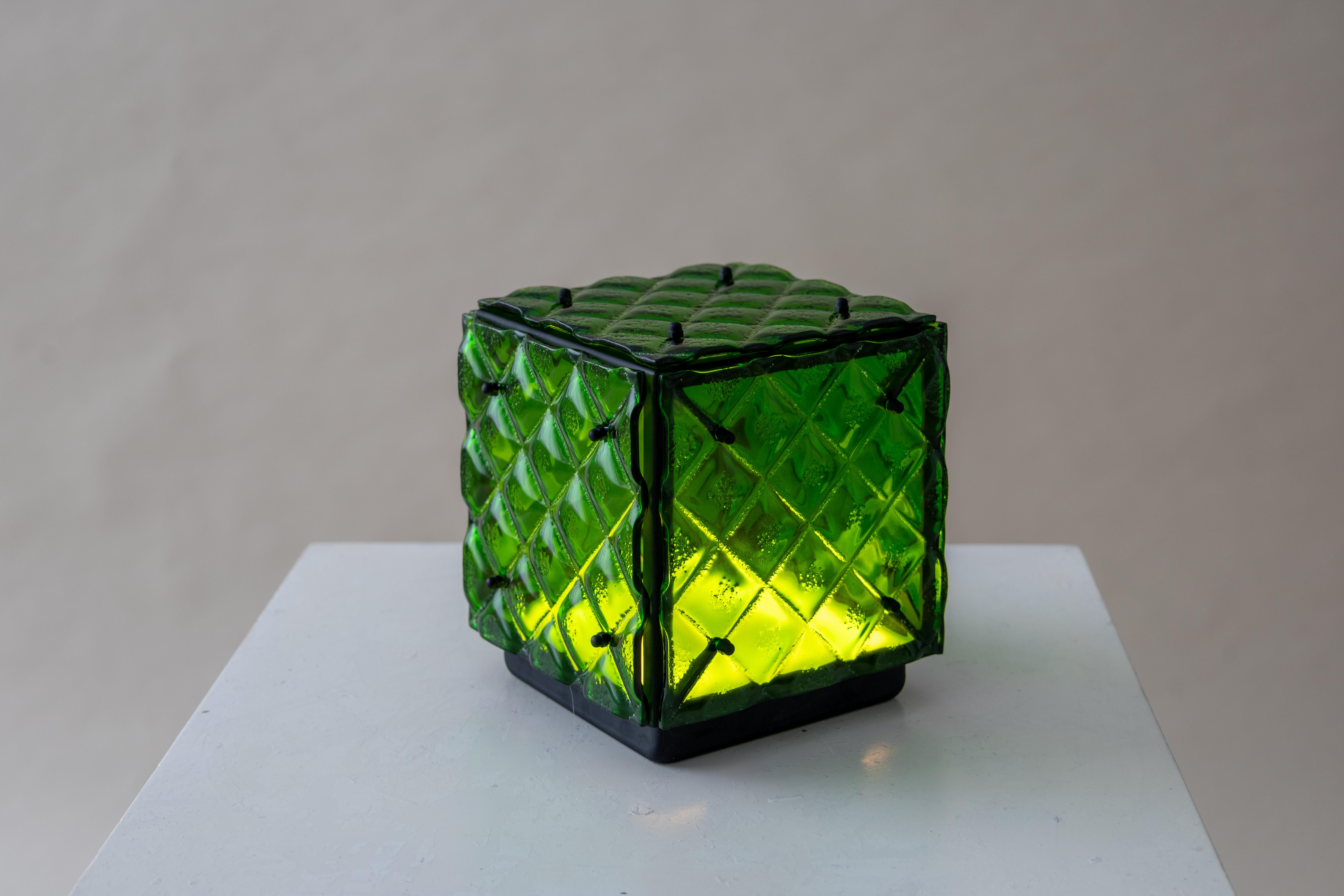 Glass Cube Lamp Green Ambient Light Artisanal Fused Glass Contemporary Design In New Condition For Sale In València, ES
