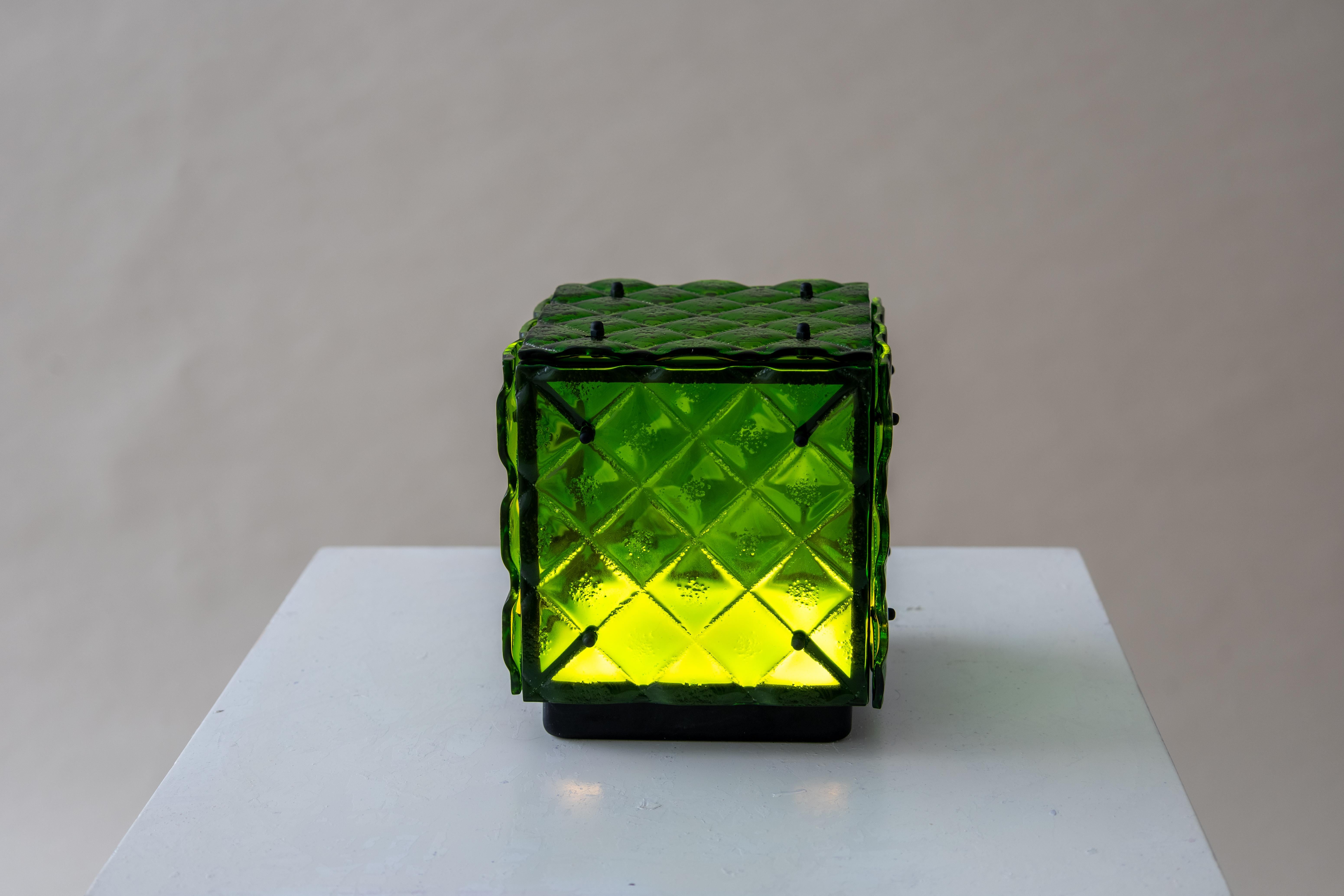 Metal Glass Cube Lamp Green Ambient Light Artisanal Fused Glass Contemporary Design For Sale