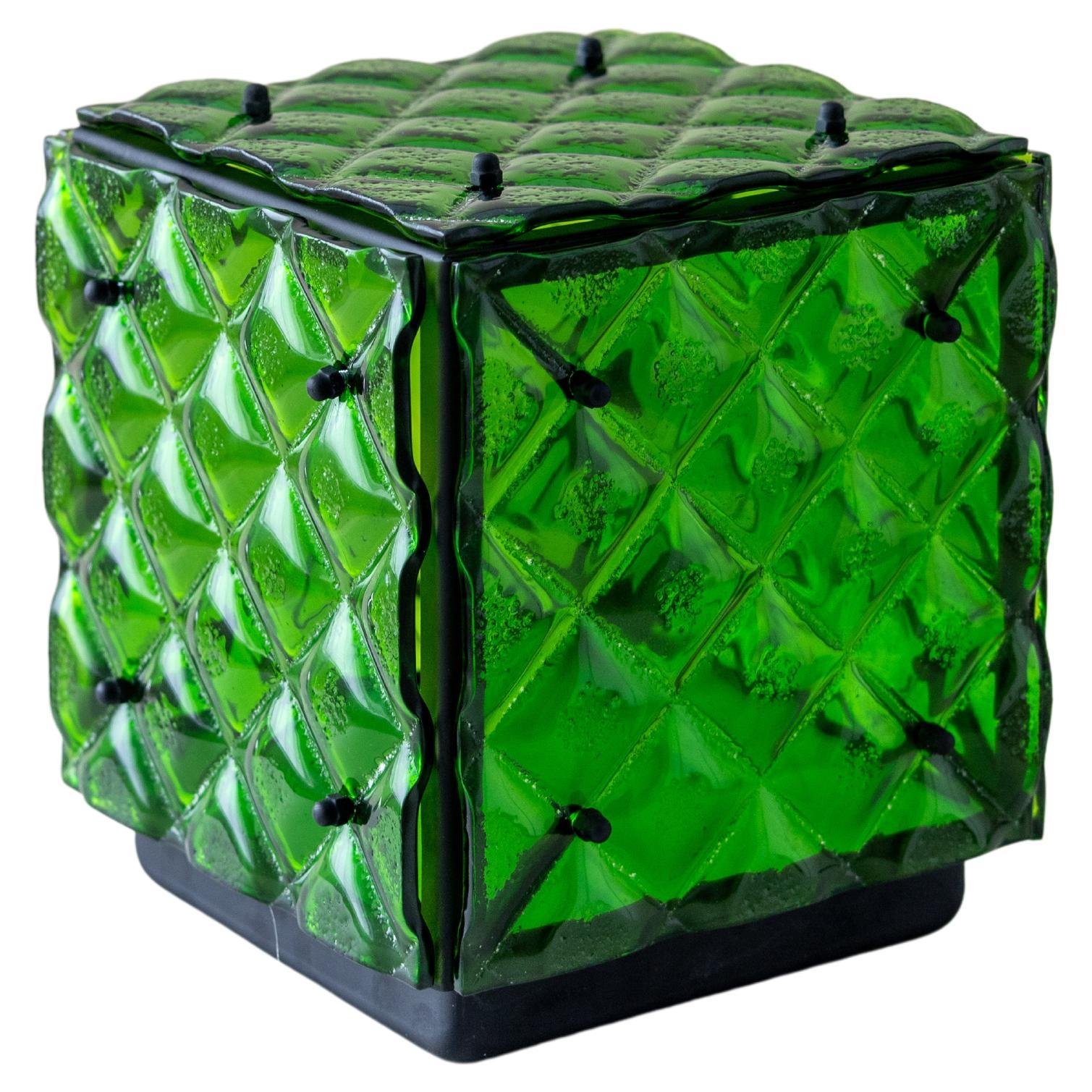 Glass Cube Lamp Green Ambient Light Artisanal Fused Glass Contemporary Design For Sale
