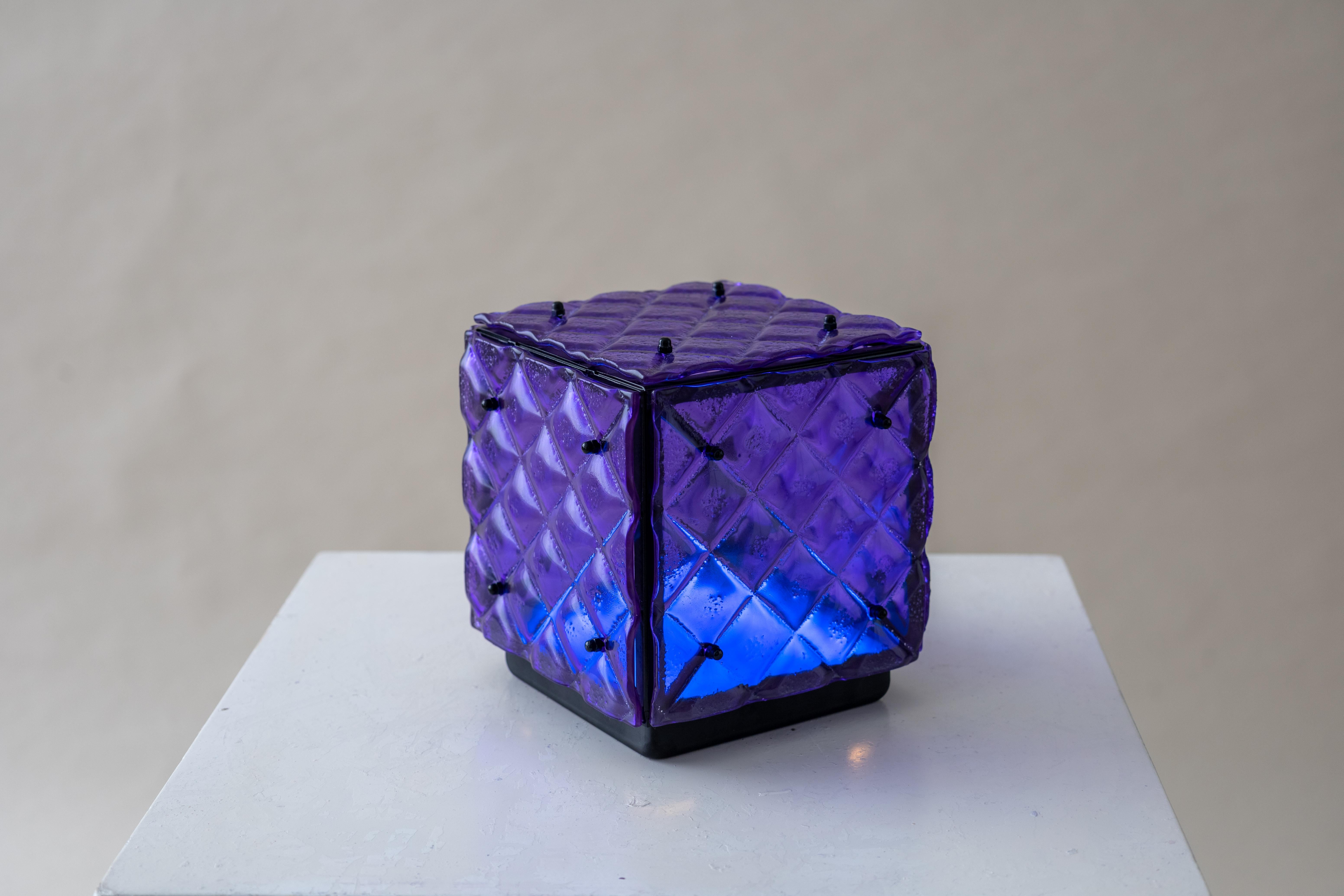 Spanish Glass Cube Lamp Purple Ambient Light Artisanal Fused Glass Contemporary Design For Sale