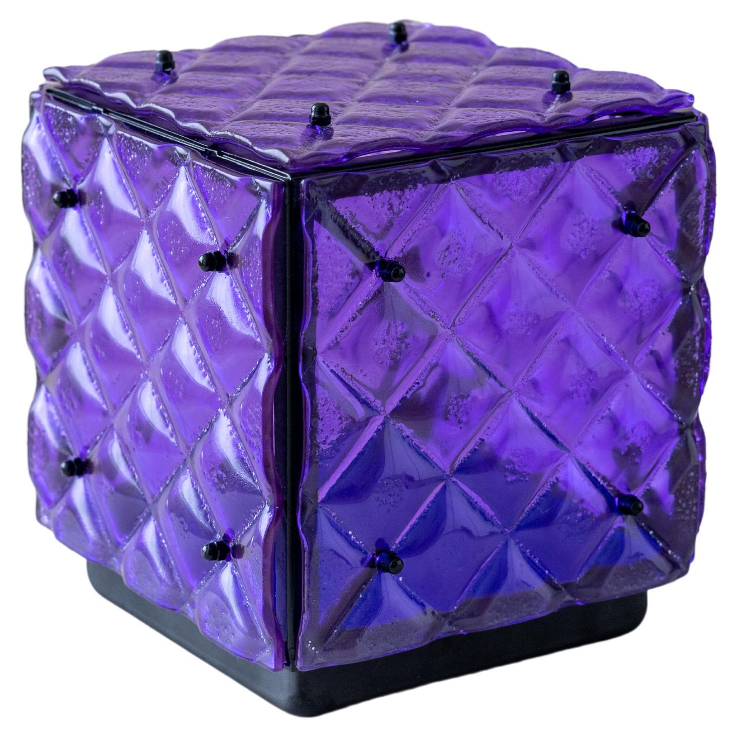 Glass Cube Lamp Purple Ambient Light Artisanal Fused Glass Contemporary Design