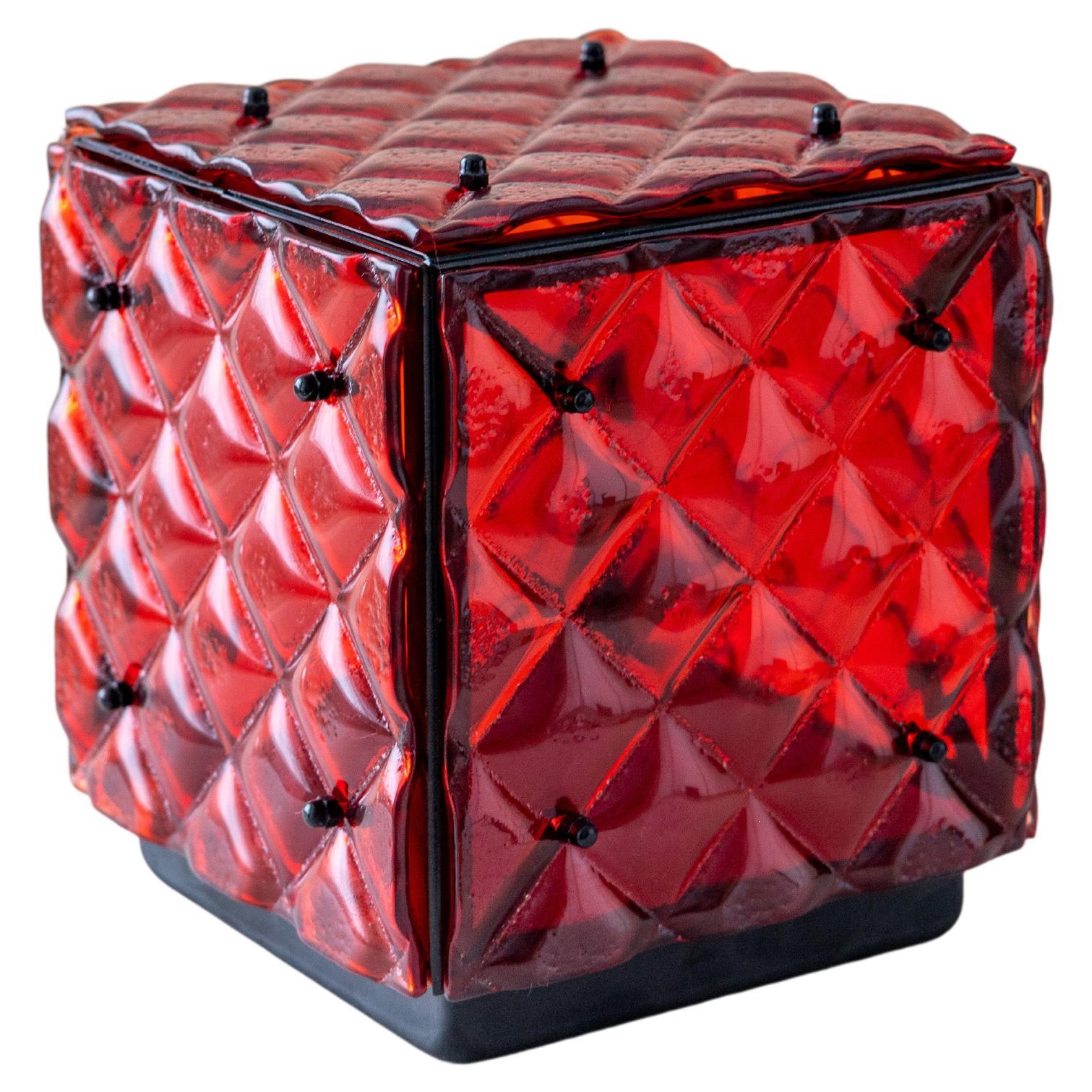 Glass Cube Lamp Red Ambient Light Artisanal Fused Glass Contemporary Design For Sale