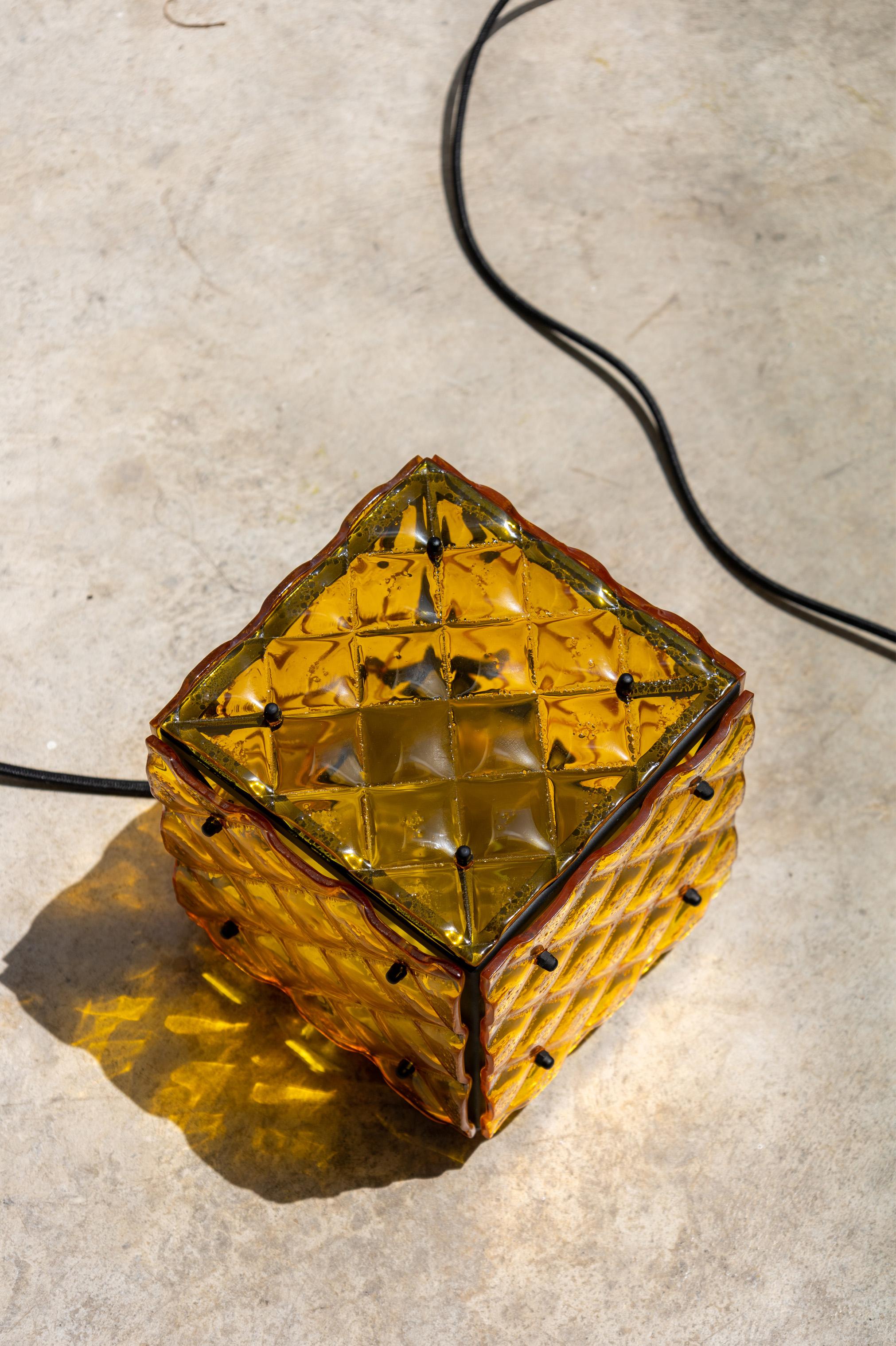 Glass Cube Lamp Yellow Ambient Light Artisanal Fused Glass Contemporary Design For Sale 6