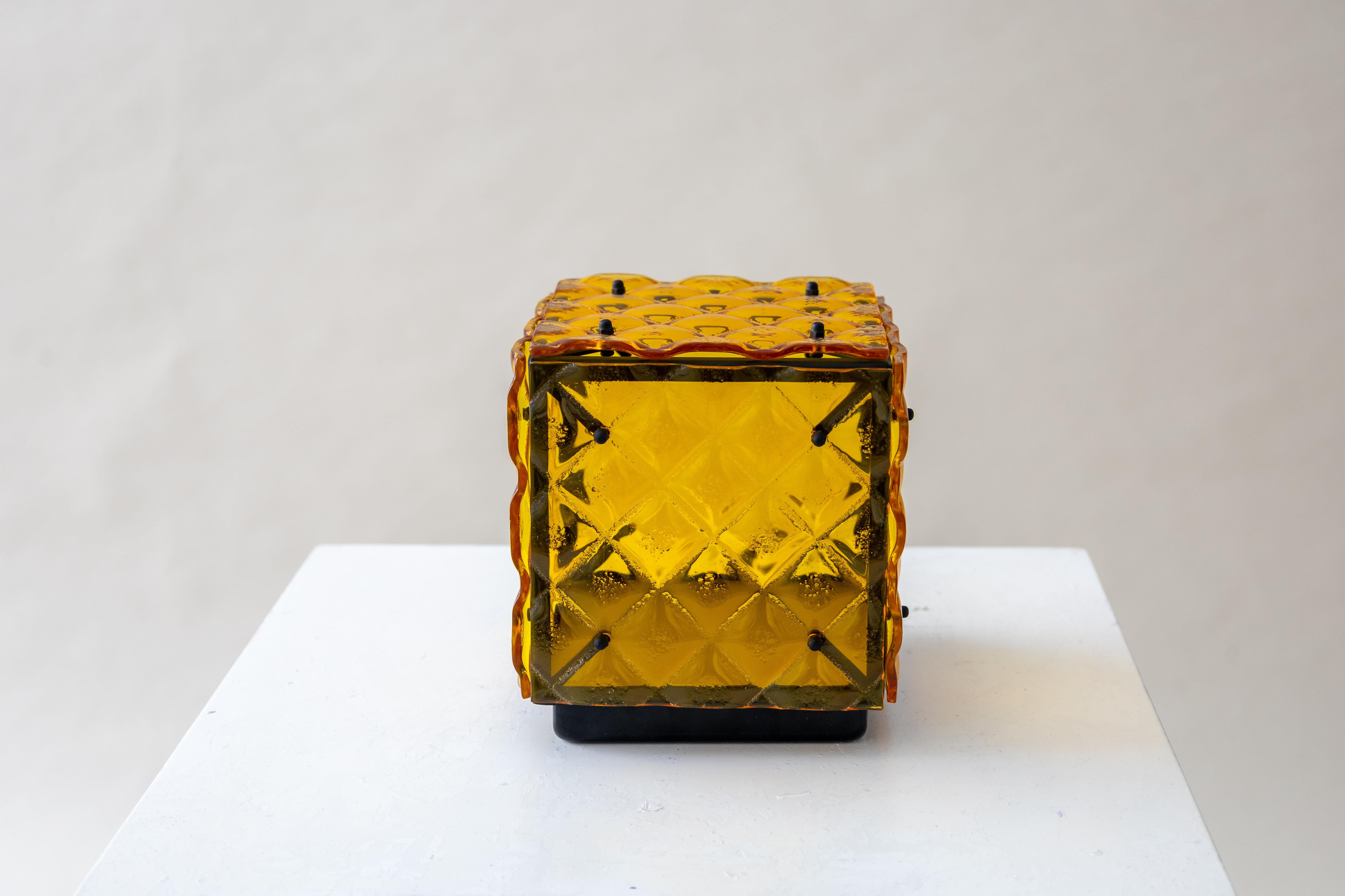 Metal Glass Cube Lamp Yellow Ambient Light Artisanal Fused Glass Contemporary Design For Sale