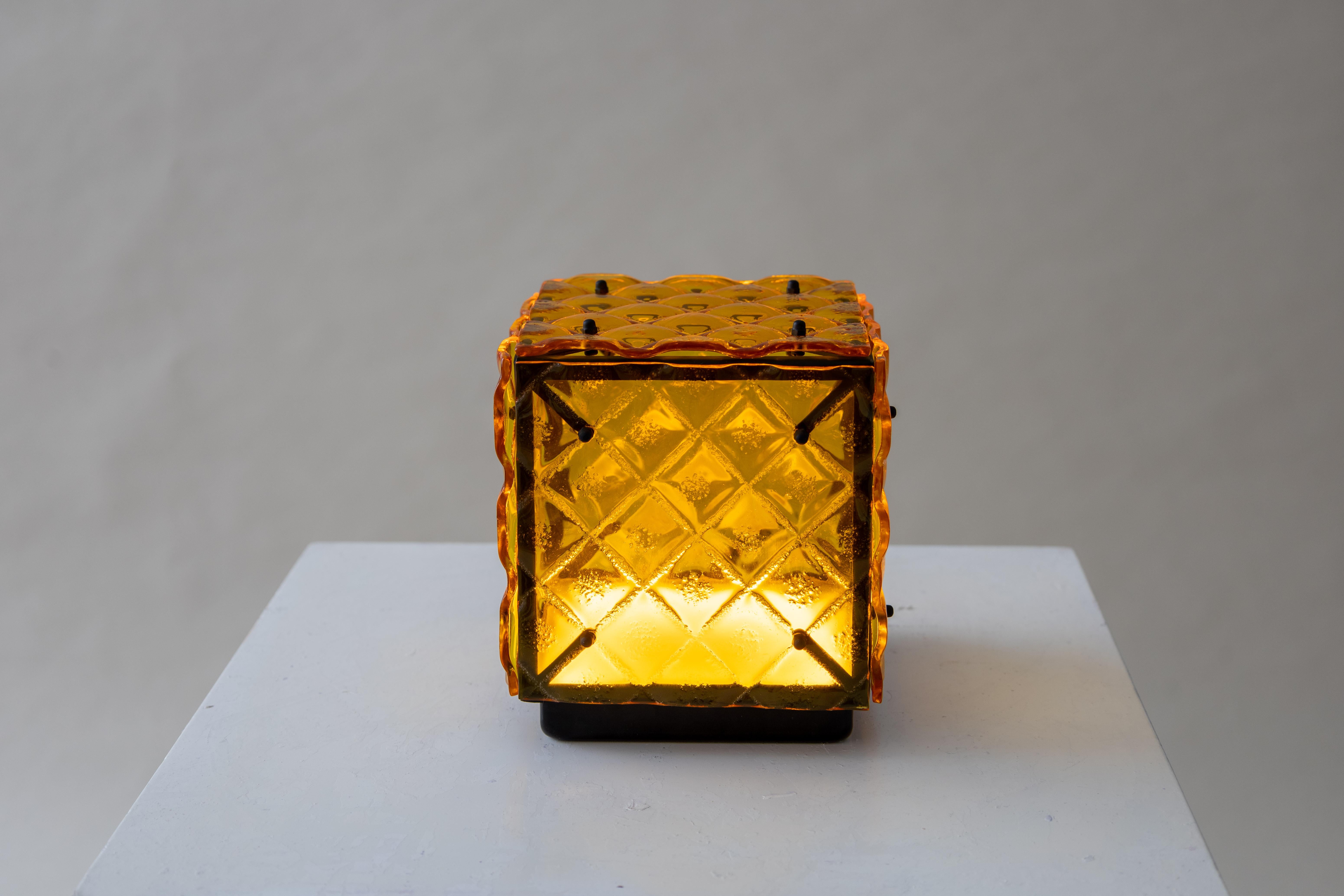 Glass Cube Lamp Yellow Ambient Light Artisanal Fused Glass Contemporary Design For Sale 1