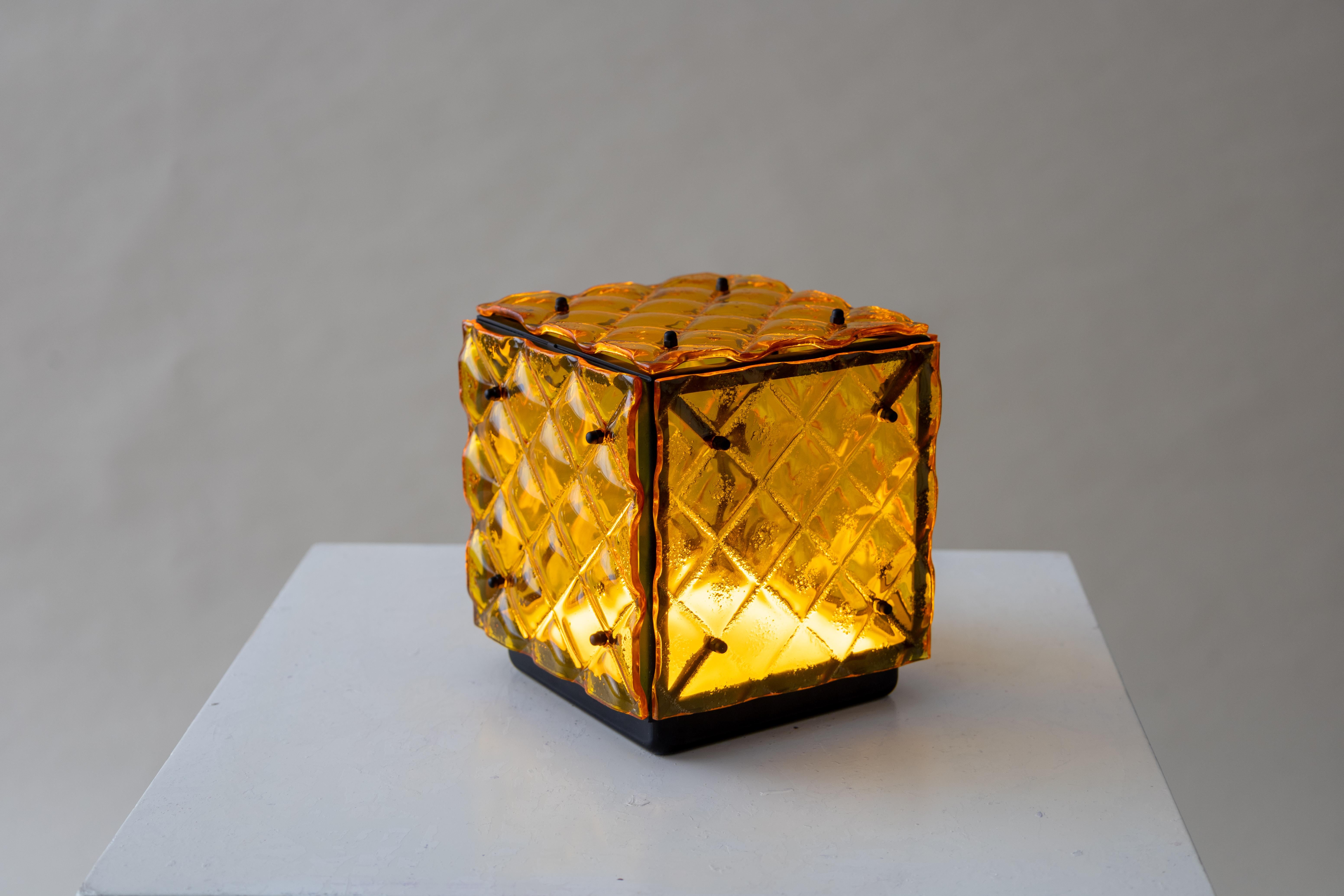 Glass Cube Lamp Yellow Ambient Light Artisanal Fused Glass Contemporary Design For Sale 2